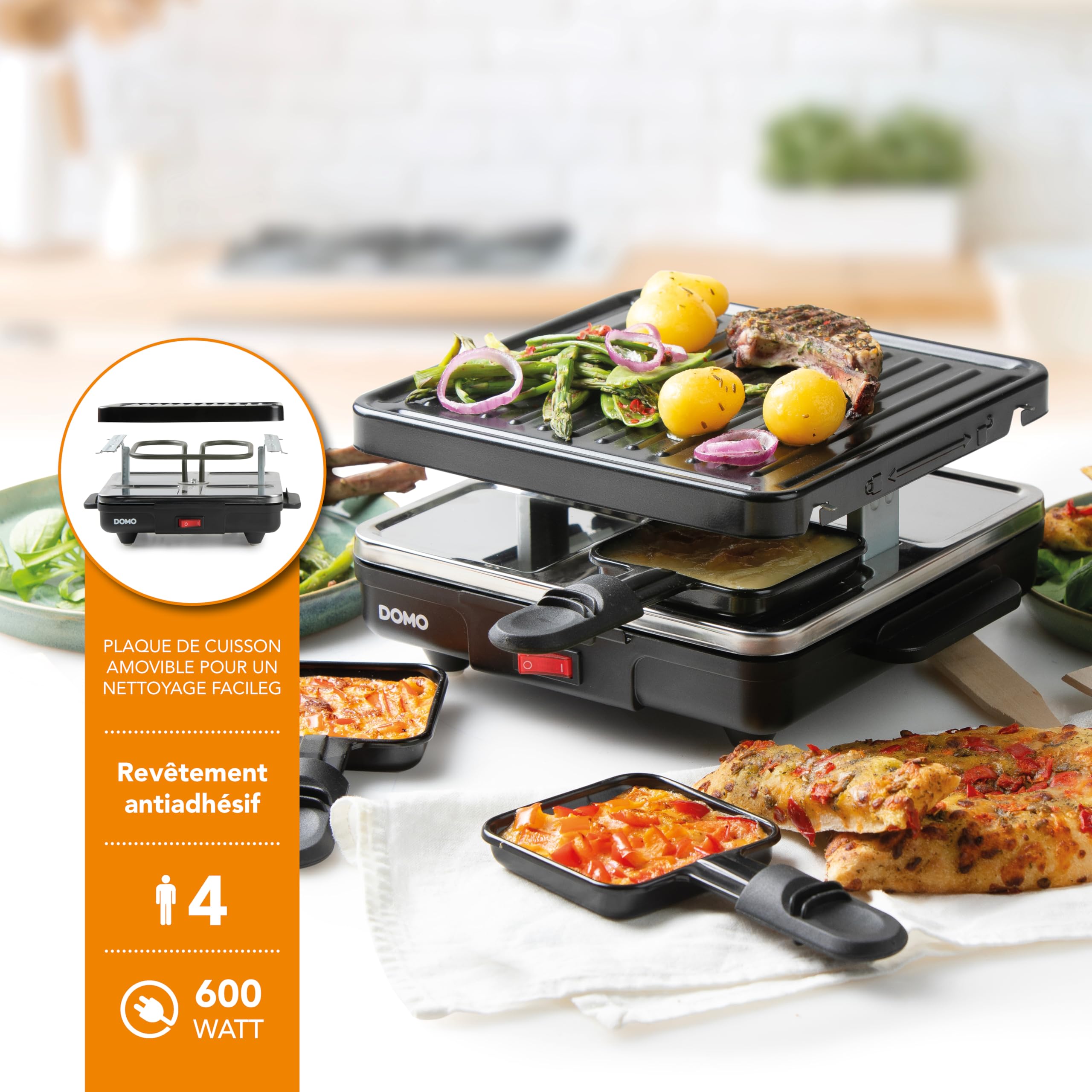 DOMO DO9147G Raclette-grill 'Just us' - Raclette Grill mit Abnehmbare Grillplatte - 4 P - 600 W