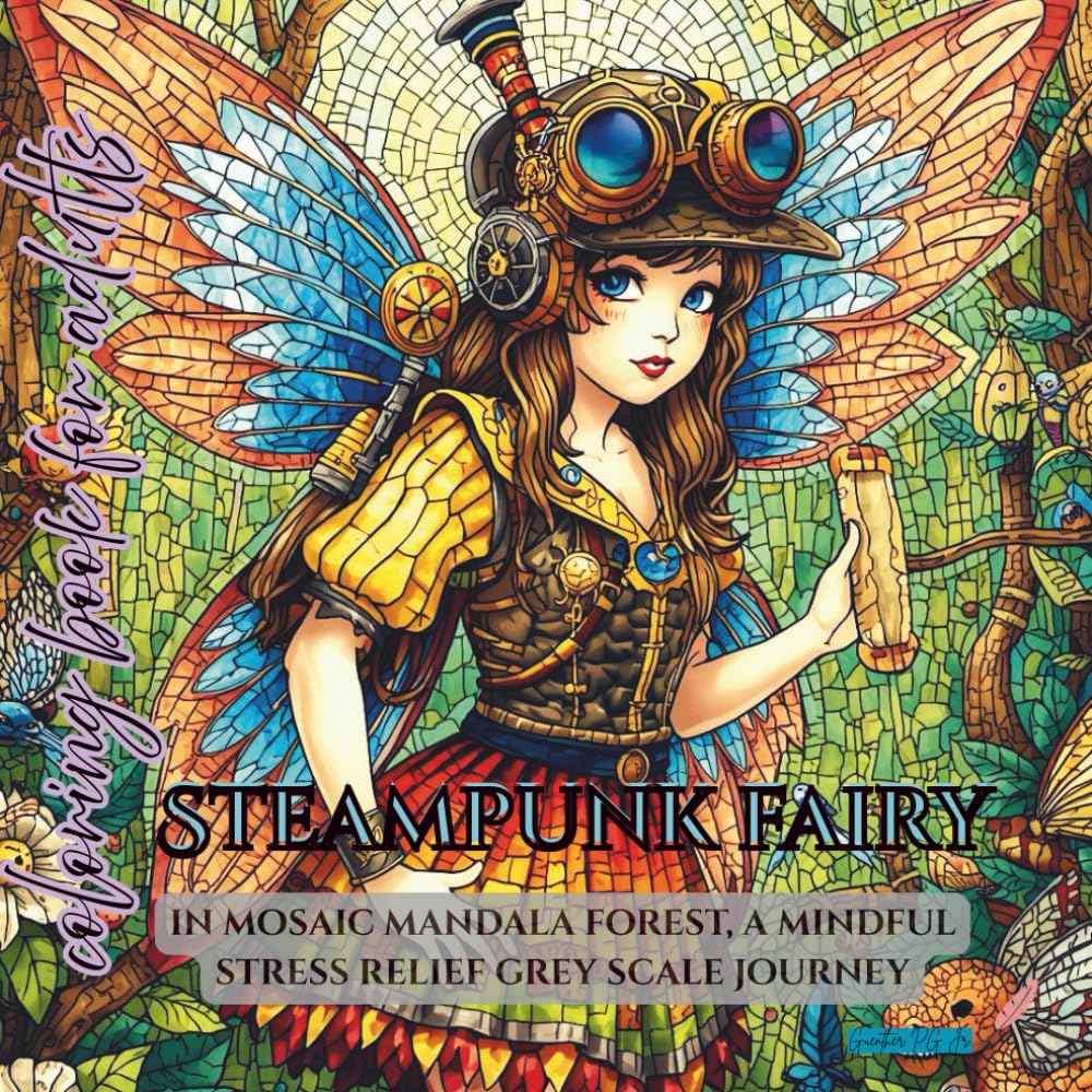 Steampunk Fairy coloring book for adults: in mosaic mandala forest, a mindful stress relief grey scale journey