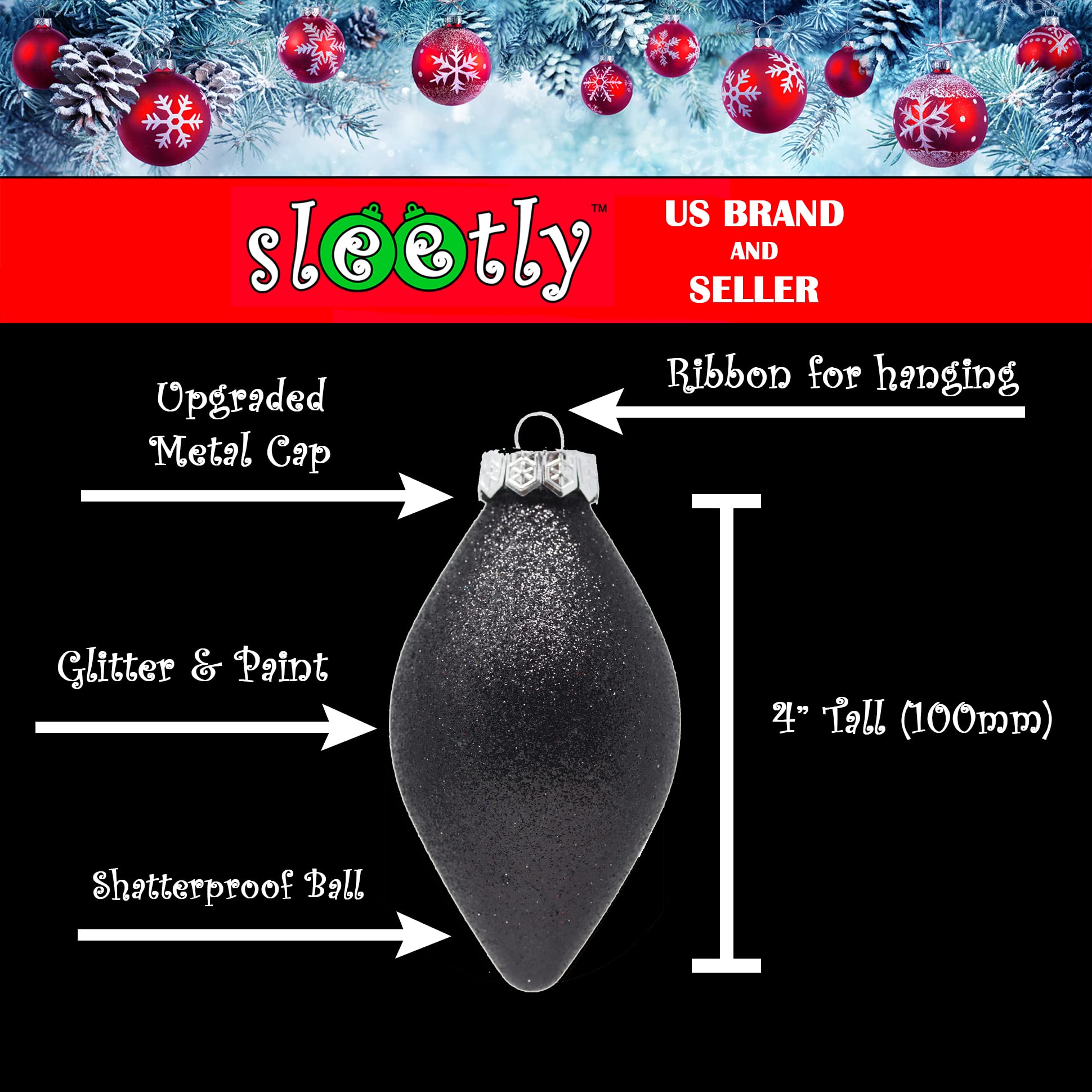 SLEETLY 12pk Christmas Tear Drop Finial Hanging Pendant Baubles for Tree Holiday Xmas Christmas Decorations Long 4 inch Big Shatterpoof Plastic Ornaments - Image 4