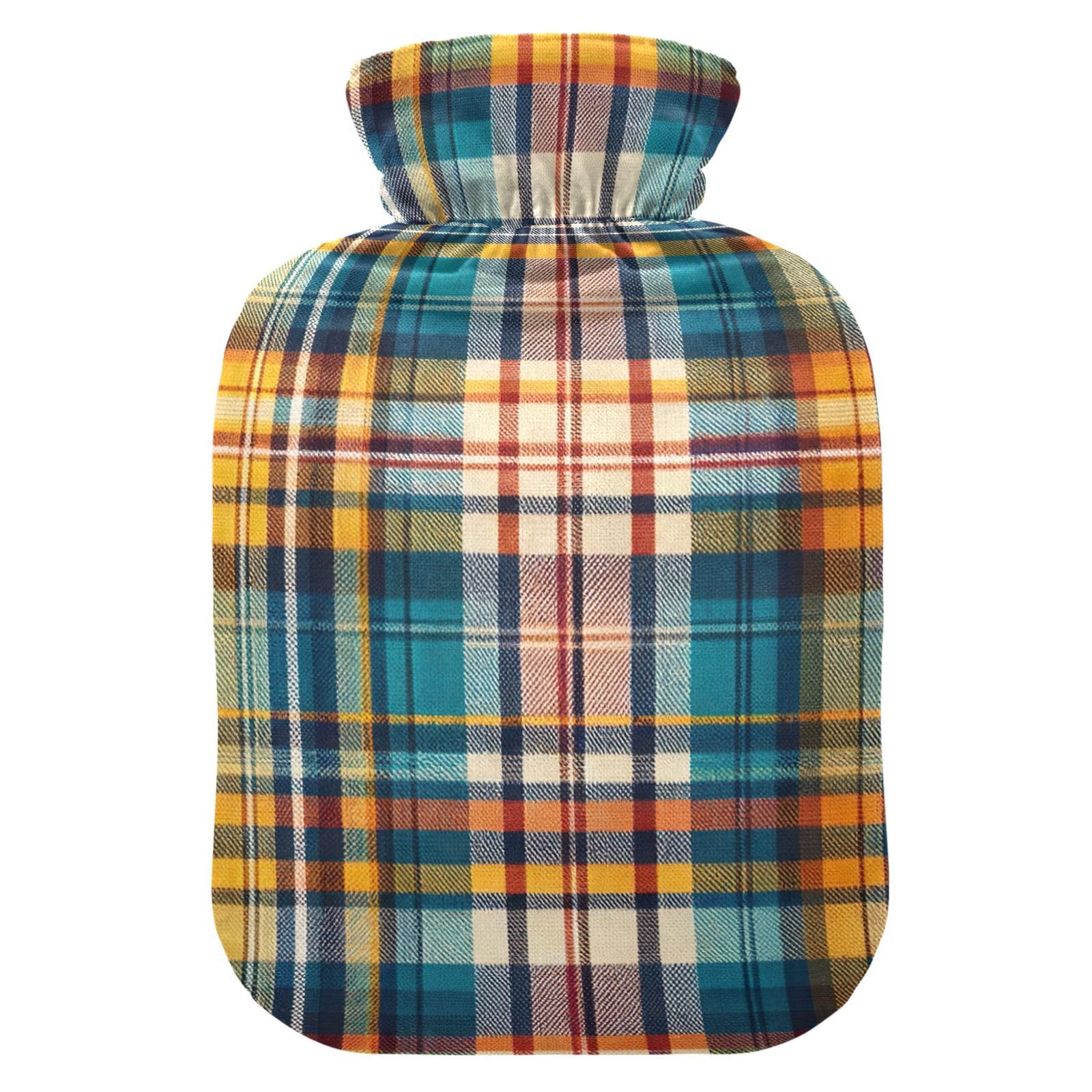 Colorful Tartan Checkered Plaid Hot Water Bottles with Soft Cover Hand Feet Warmer Warm Water Heat Bottles for Menstrual Cramps Pain Relief, 2L
