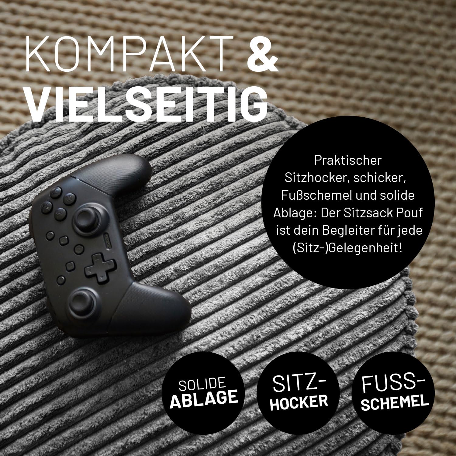 Lumaland Sitzsack Pouf aus Cord | Kompakter 50L Gaming Pouf mit 3-in-1-Funktion: bequemer Hocker, praktisches Tischchen & stylischer Indoor Fußschemel | Ø 25 x 45 cm [Grau]
