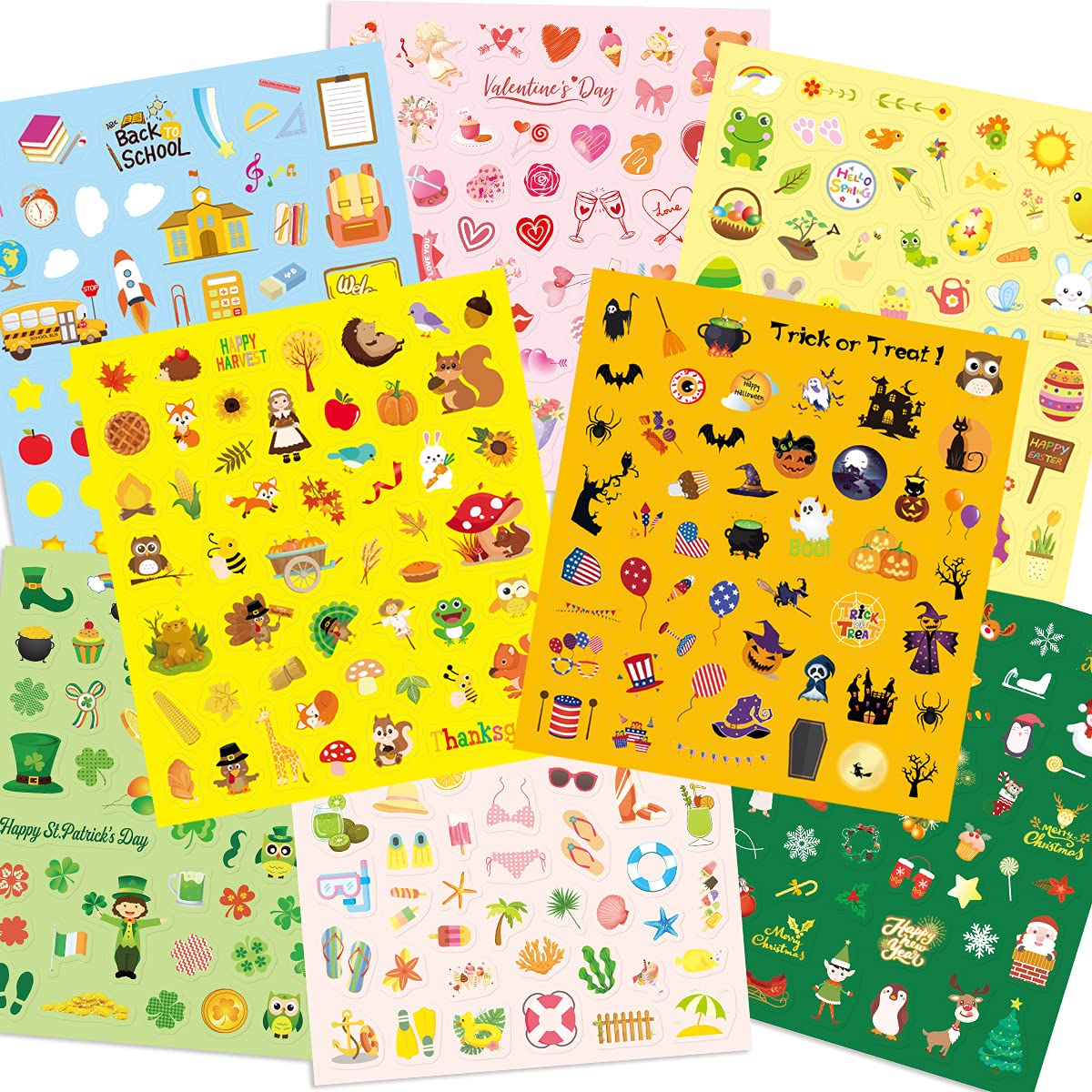 16 Sheets Holiday Stickers 800 Seasons Assortment Stickers for Kids Children Craft Party Favors Valentine Thanksgiving Christmas