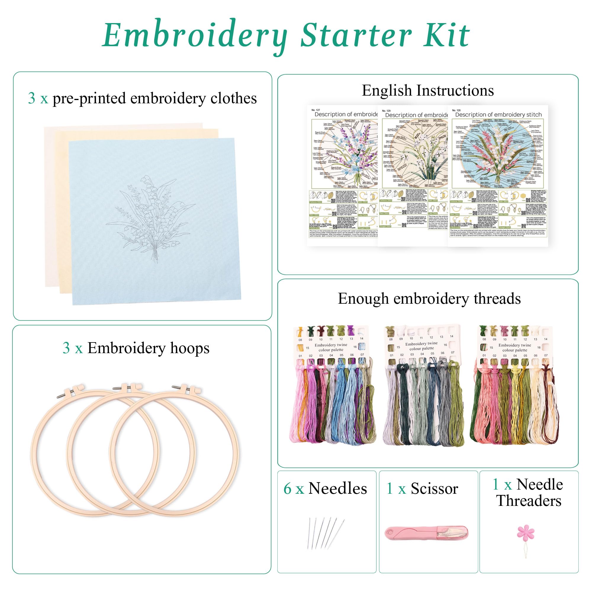 Harimau 3Pc Embroidery Kit for Beginners, Floral Plant Pattern,Cross Stitch Kits Set, Including Stamped Embroidery Cloth with 3 Embroidery Hoops, Color Threads and Tools (Flowers) (Blue)
