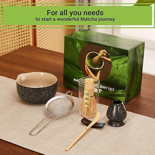 Miniatura 6 de Juego de 6 batidores de matcha, juego de cerámica de color negro, incluye cuenco de matcha con boquilla, batidor de matcha y soporte, cuchara de