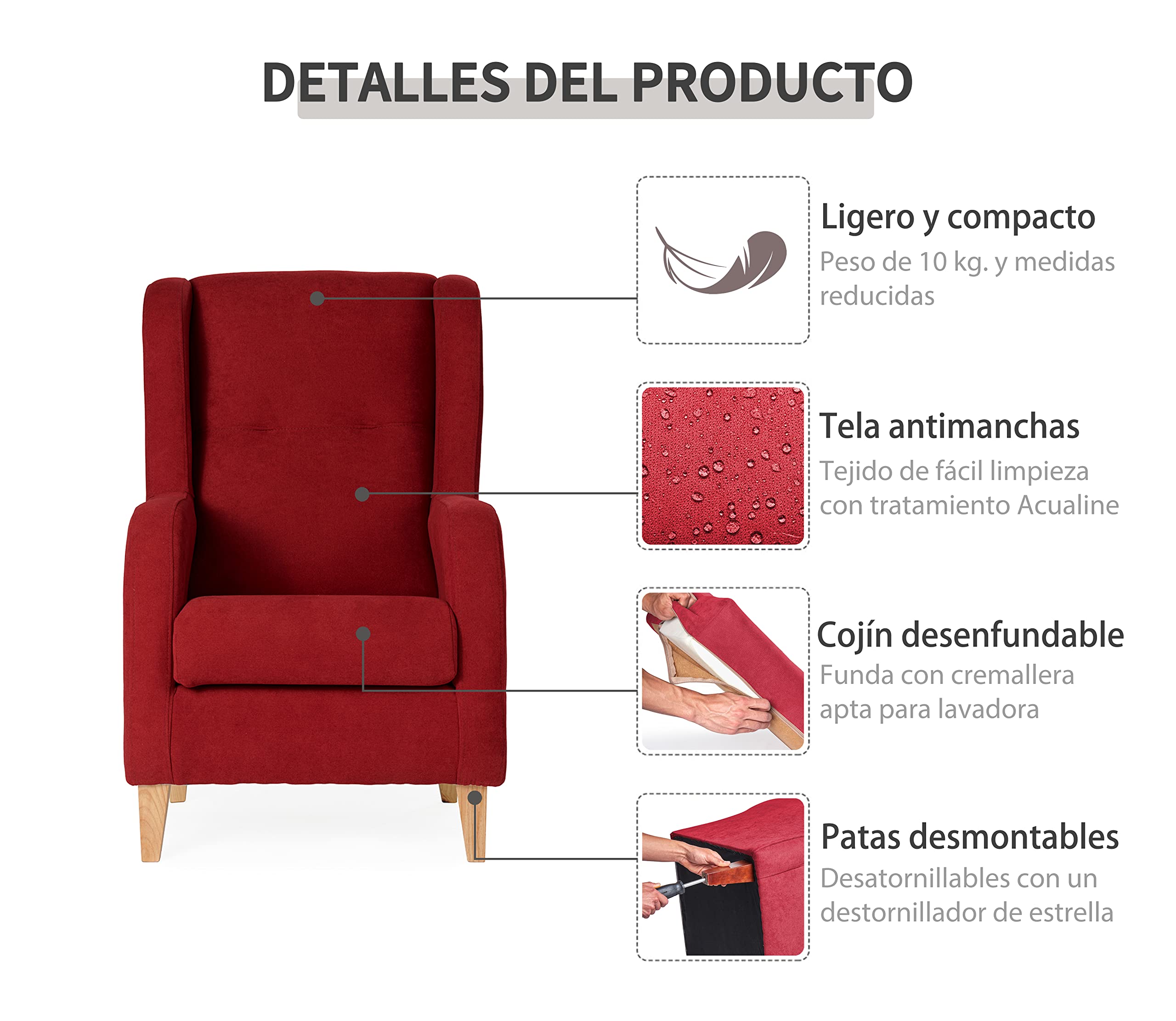 Sillón Estrecho Lisboa, Especial Ancho DE 67 cm, butaca de Estilo Moderno. Sillón Individual Acolchado para salón o Dormitorio. 67x80x107 cm. Tela Antimanchas (Beige, Nogal)