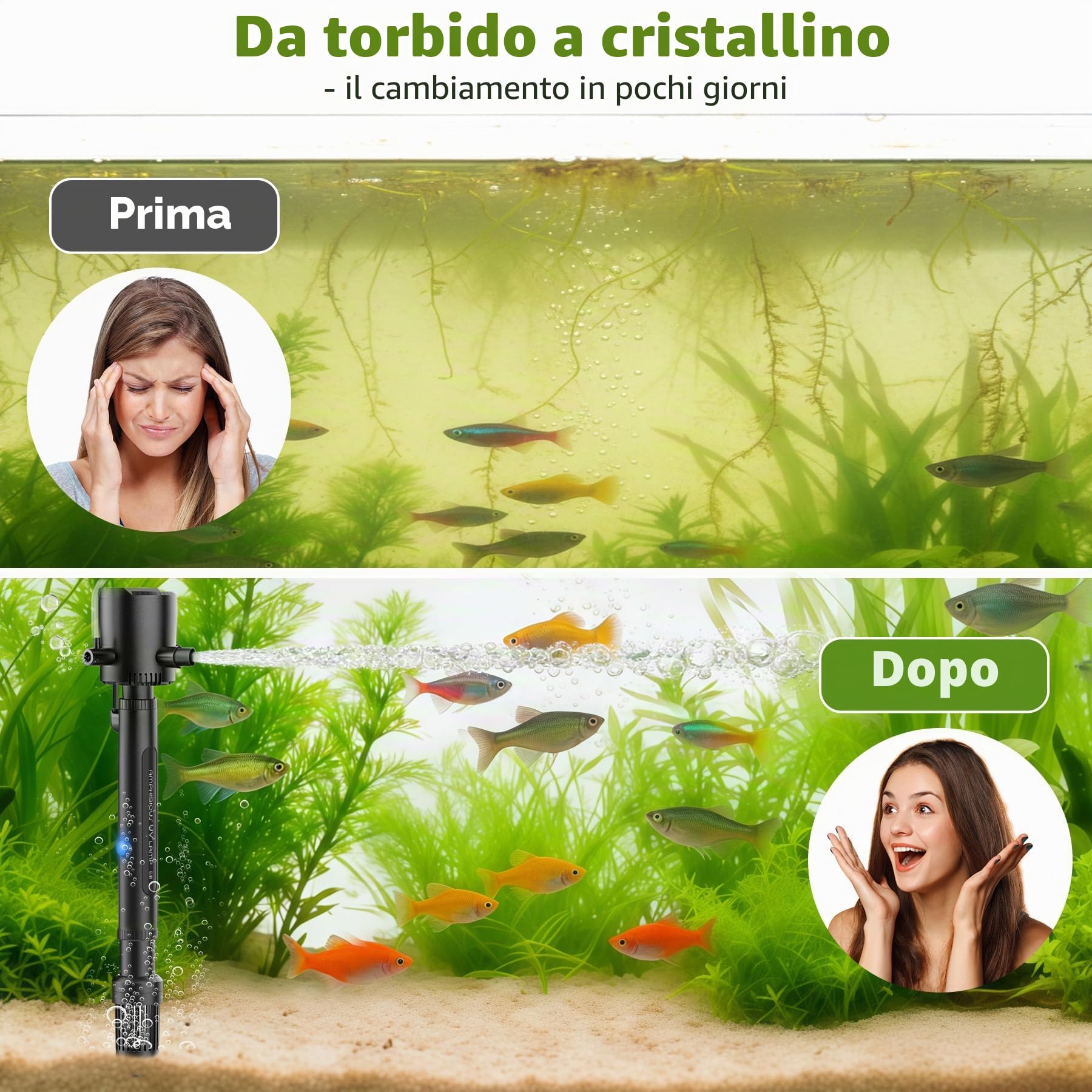 OMECO Filtro interno per acquario 5-in-1 con sterilizzatore UV-V da 6W e timer, chiarificatore UVC da 500L/H, filtro per acquario per acquari da 60L-150L, pompa per acquario con aerazione e doccia a