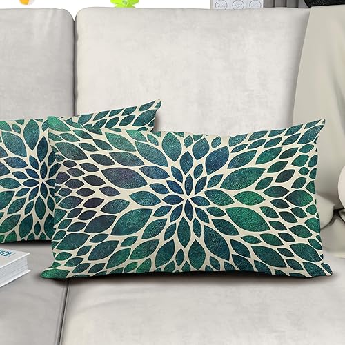 Miniatura 5 de Juego de 2 fundas de almohada de dalia verde azulado de 12 x 20 pulgadas, diseño geométrico floral verde azulado, modernas, abstractas, flores,