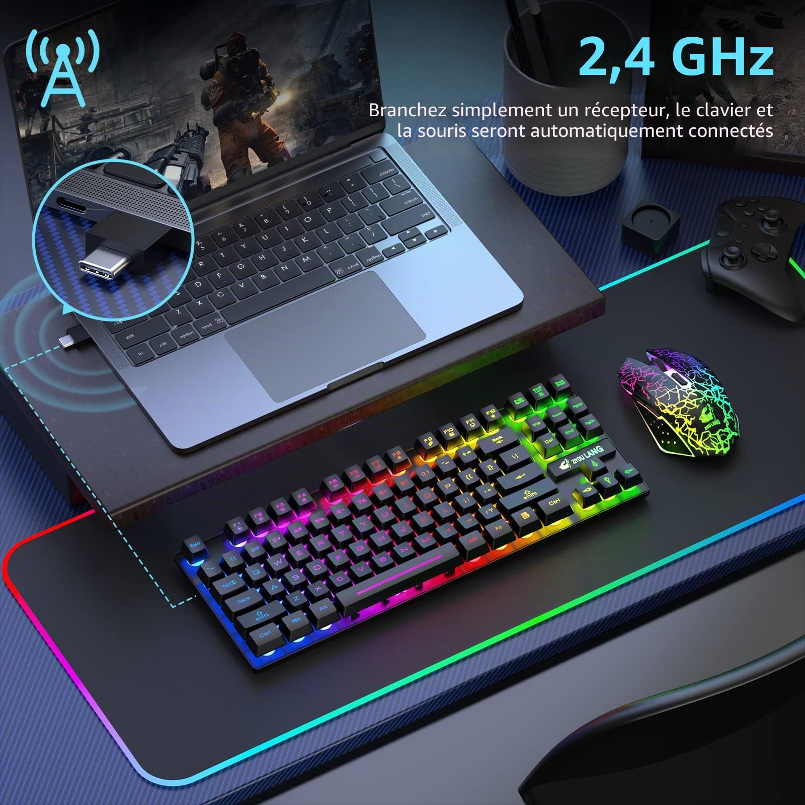 T87 Clavier sans fil 87 touches + souris optique LED arc-en-ciel 2400 DPI 6 boutons – Clavier mécanique rétroéclairé arc-en-ciel avec tapis de souris de jeu gratuit (noir)