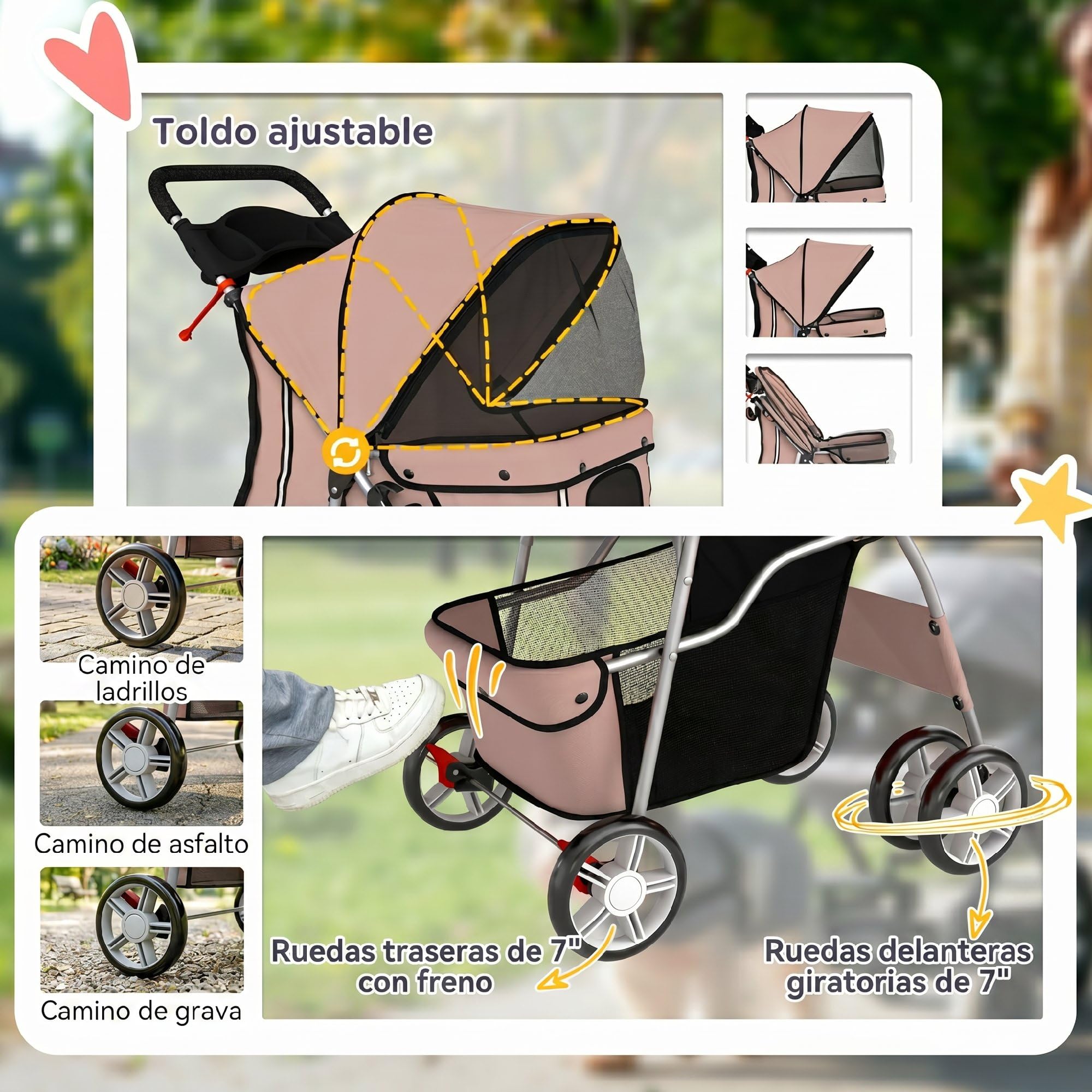PawHut Carrito para Perros Plegable hasta 10 kg, Cochecito para Perros Pequeños con Ruedas de EVA y Frenos, Cesta de Almacenaje, Ventanas de Malla, Portavasos, Cojín Lavable, 77x44x102 cm, Café