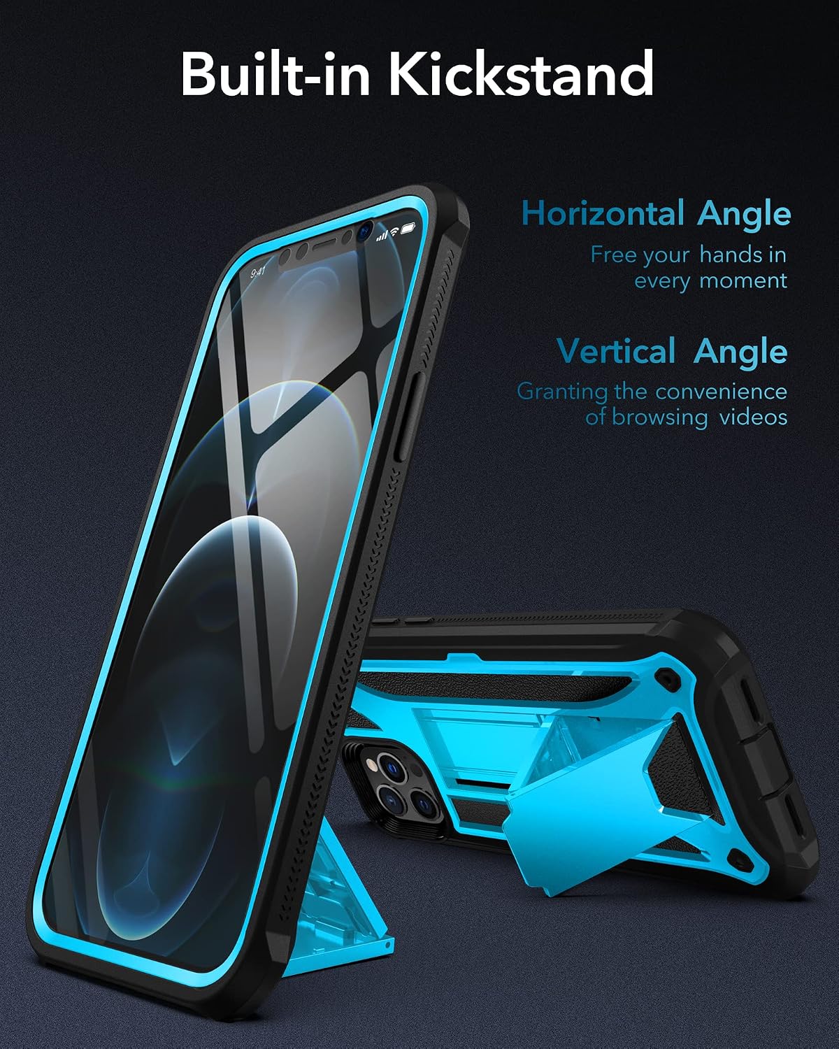 YOUMAKER Designed for iPhone 12 Case & iPhone 12 Pro Case Heavy Duty Protection Kickstand with Built-in Screen Protector Shockproof Cover for iPhone 12/12 Pro Case 6.1 inch - Blue