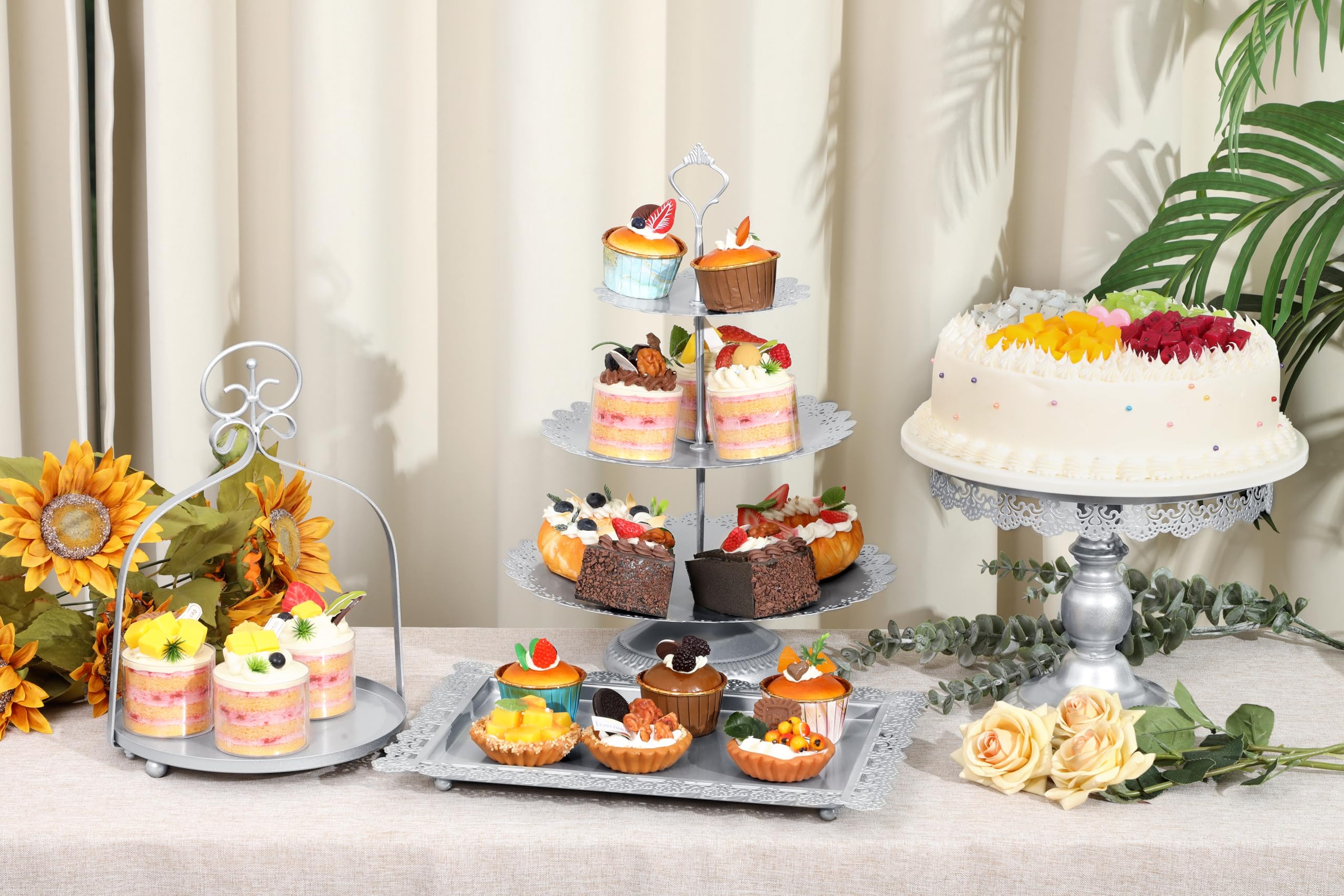 ZUMELER Alzata per torte argentata per cupcake e dessert, set di 3 vassoi a 3 livelli per biscotti e caramelle, piatti da portata per baby shower, matrimoni, tea party, 9 pezzi in metallo
