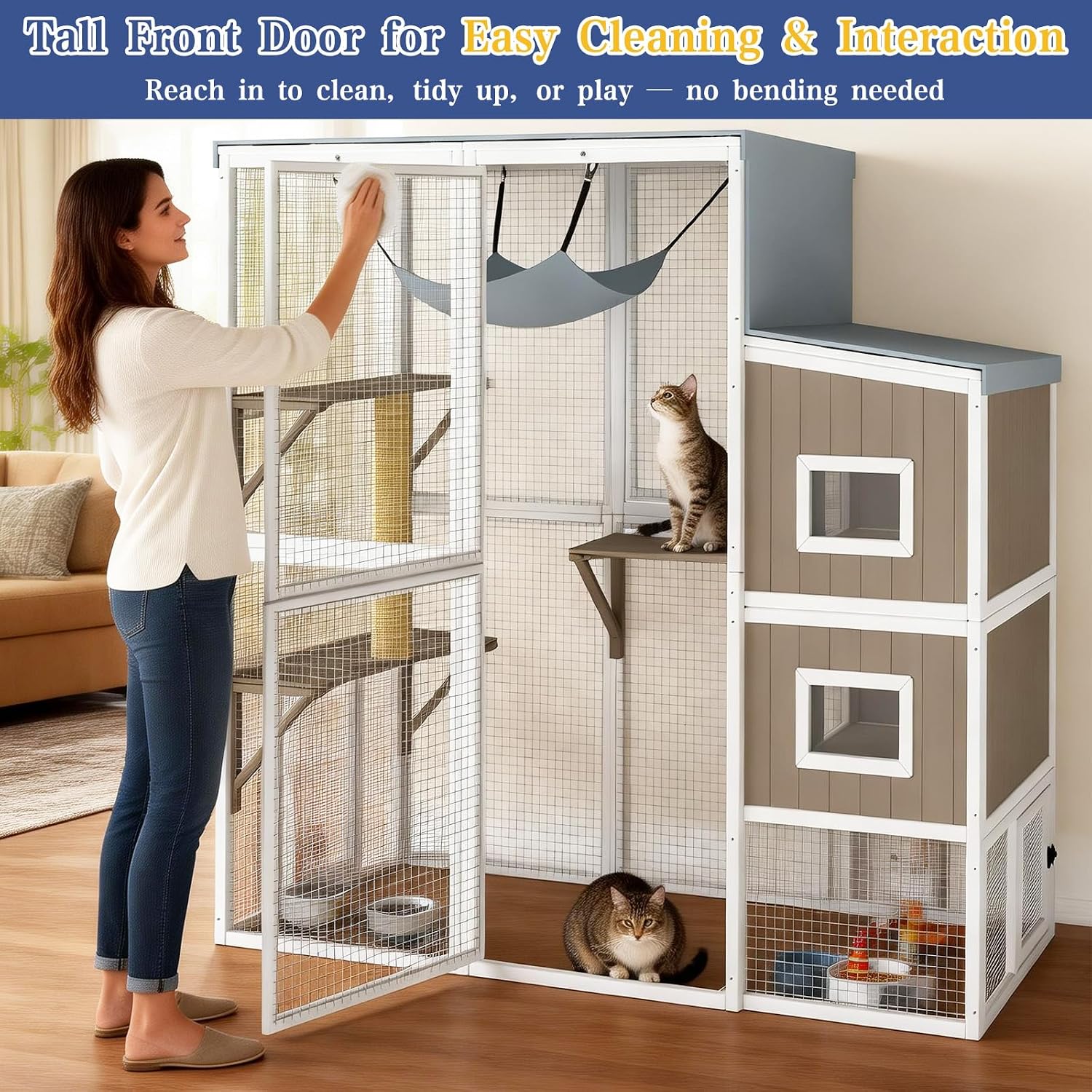 PetsCosset Large Catio Outdoor Cat Enclosure Large Cat House for Multiple Cats, Walk-in Kitty Cage with 4 Level Platforms, 2 Acrylic Rest Houses, Scratching Post, Weatherproof Roof, Expandable Design
