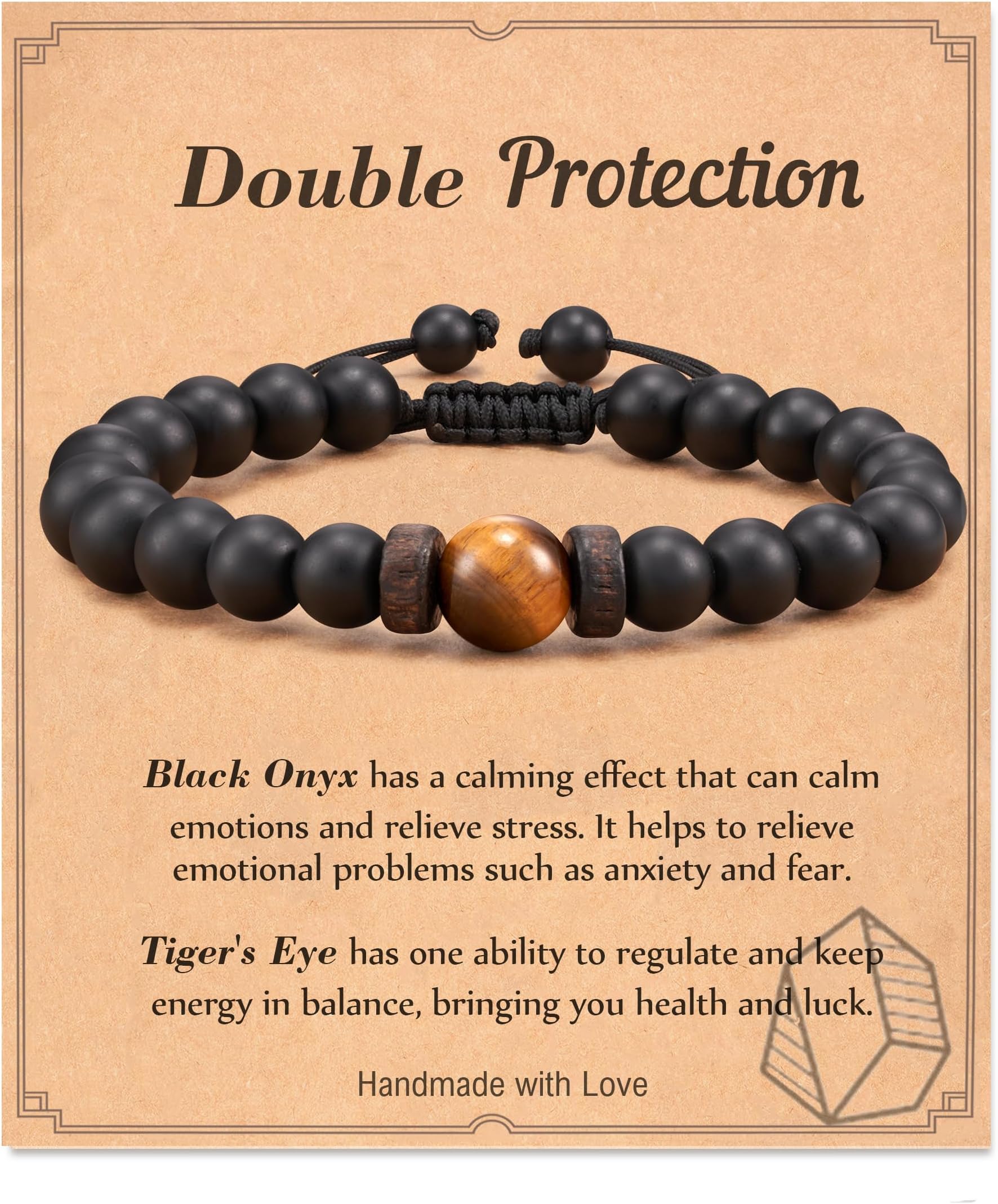 Double Protection Natural Stone Bracelet for Men Teen Boys, Tiger Eye Black Onyx 8mm Handmade Bead Bracelet Crystal Bracelet Bring Luck