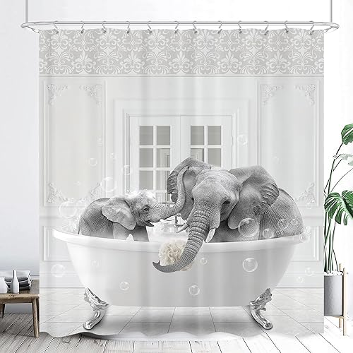 LGhtyro Juego de cortina de ducha divertida de elefante negro y blanco de 60 pulgadas de ancho x 71 pulgadas de alto, para bañera, lindo animal,