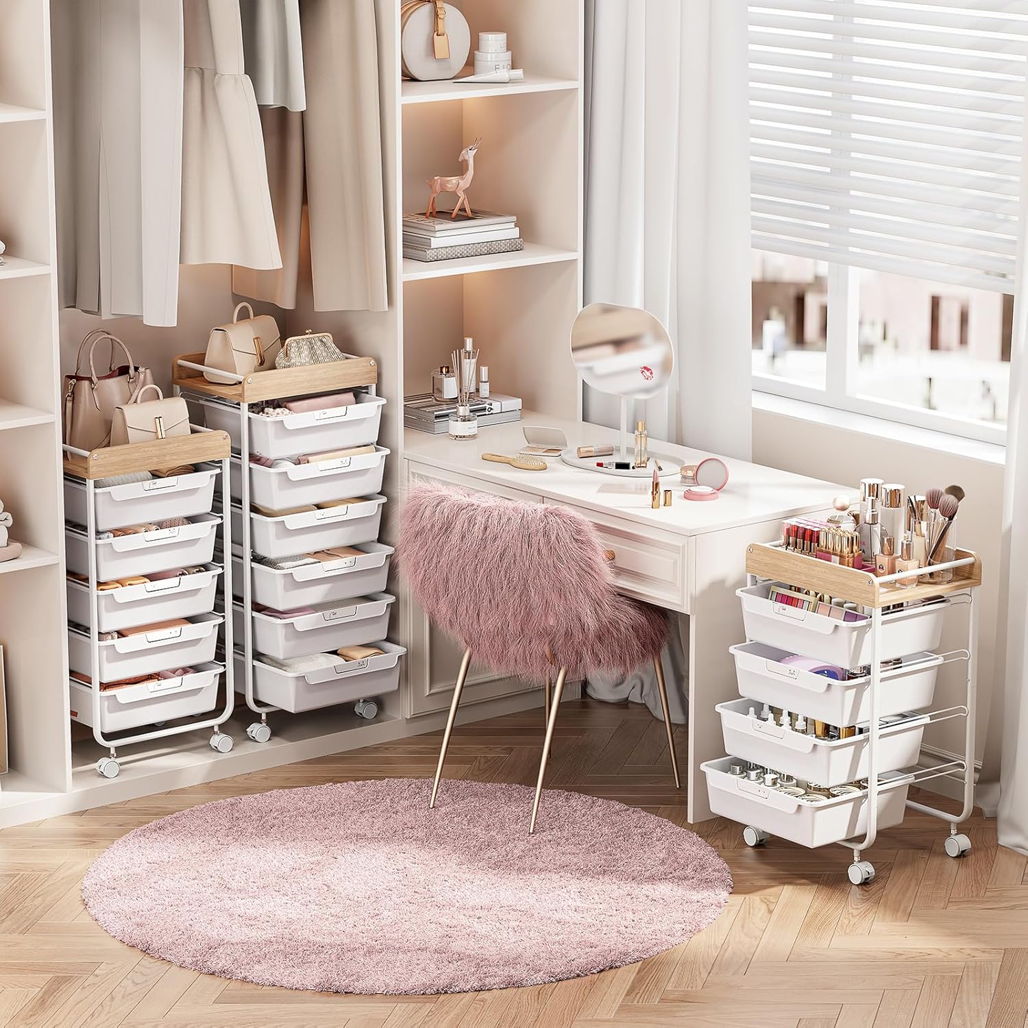 Rolling Cart with 6 Drawers,Utility Storage Cart with Drawers,Art Craft Organizers and Storage,Makeup Organizer with Wooden Tabletop,White - Image 6