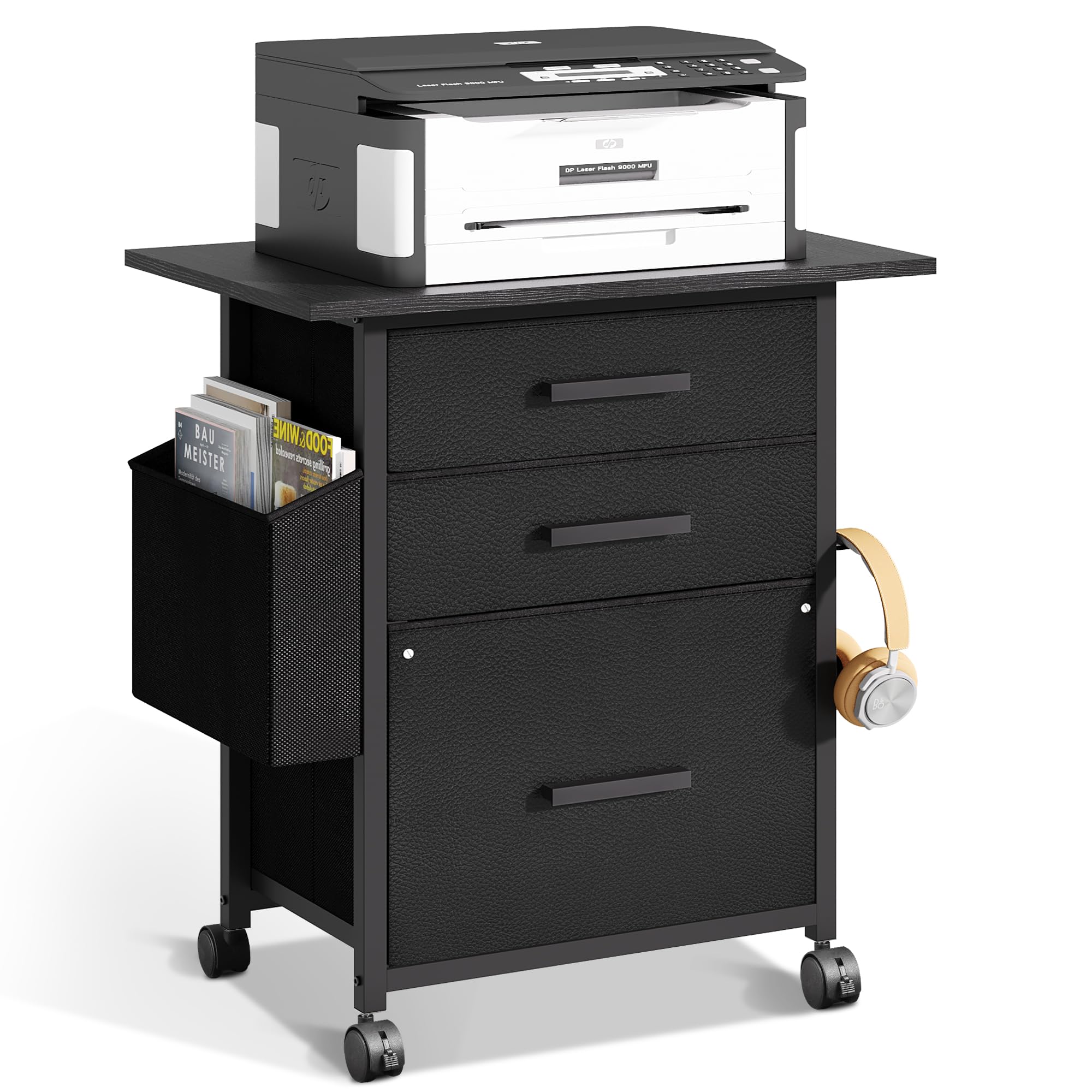 NASHZEN File Cabinet Printer Stand, Fabric Mobile Filing Cabinet with 3 Storage Drawers, for Hanging A4, Letter Size File Folders, Storage Bag and Hooks Home Office, Black