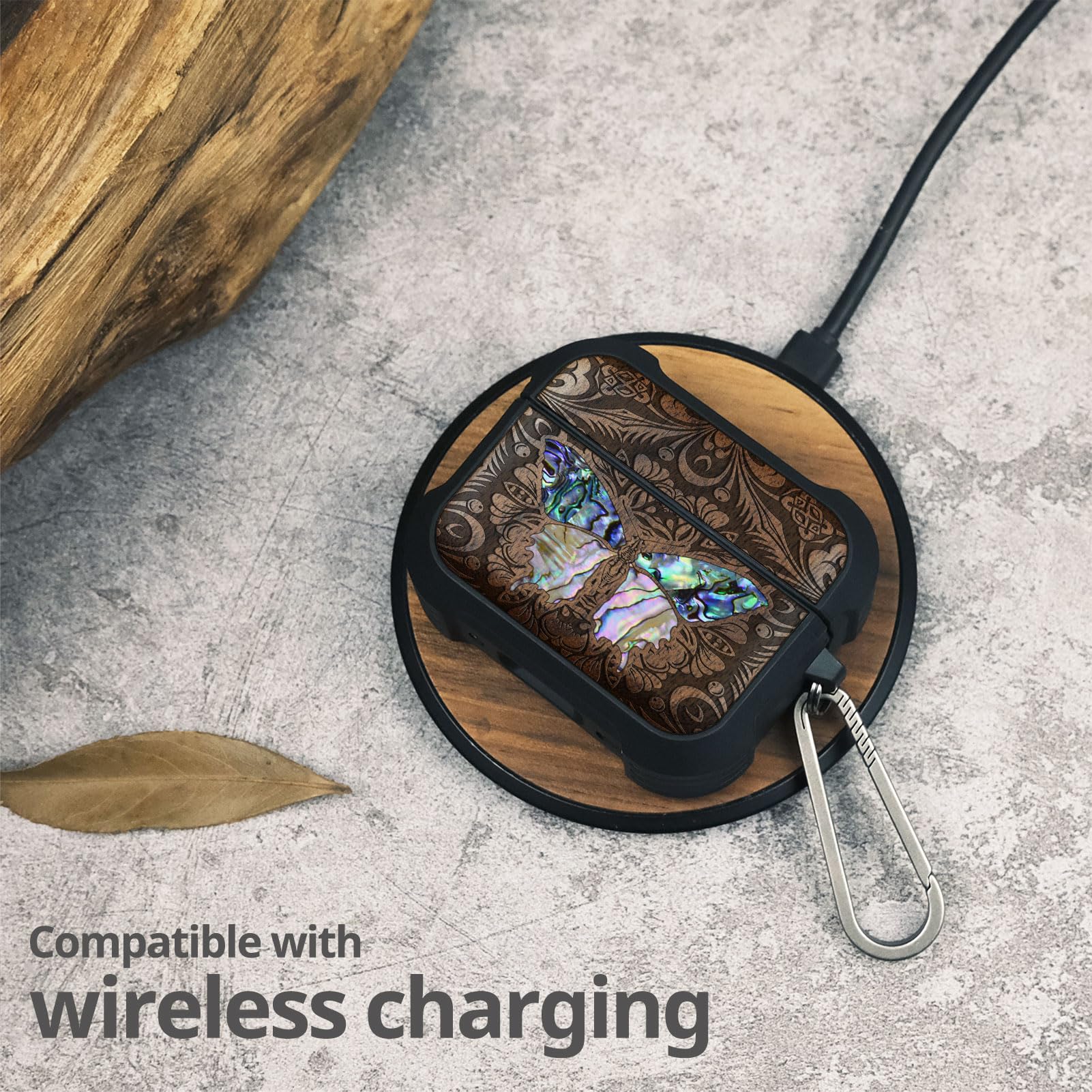 Carveit Etui kompatybilne z AirPods Pro 3 (2025), etui ochronne [grawerunek z drewna i muszla] [tytanowe szybkie zapięcie] do Airpods Pro 3 skóra 2025 etui (motyl z drewna orzechowo-barowego)