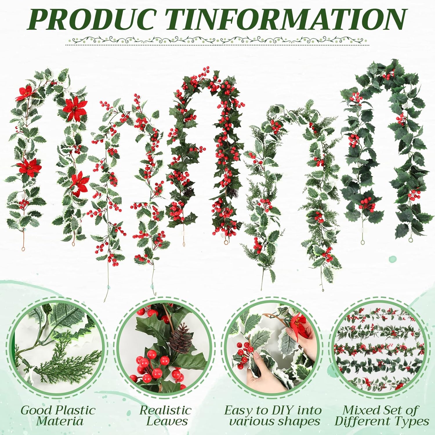 Daifunli 12 Pcs 6ft Red Berry Christmas Garland Holiday Artificial Greenery Holly Garland with Poinsettia Pine Cones for Mantel Indoor Outdoor Home Fireplace Xmas Decoration Winter Christmas Party