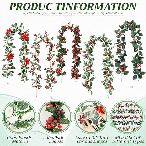 Miniatura 3 de 12 guirnaldas de Navidad de bayas rojas de 6 pies, guirnalda de acebo artificial con piñas de pascua para mantel interior y exterior, hogar,