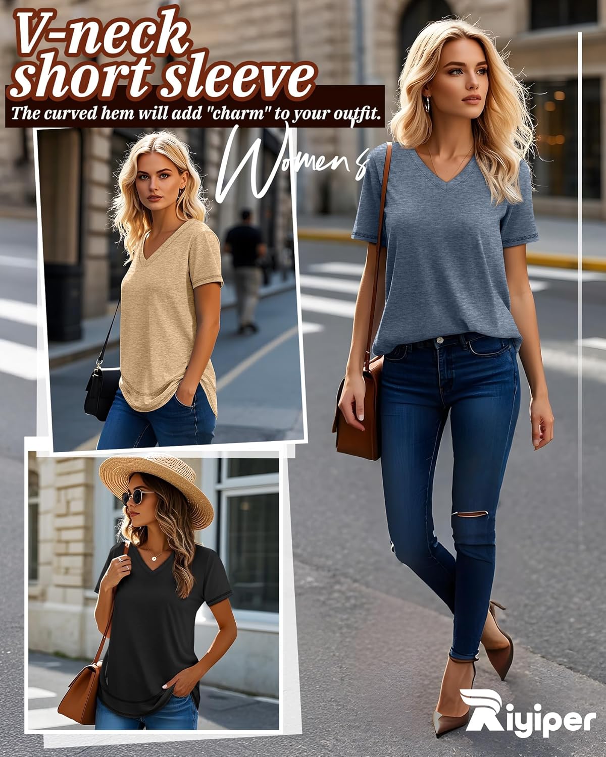 Riyiper 3 Pack Women's V Neck T Shirts Flowy Loose Fit Top Casual Summer Curved Hem Tee - Image 6