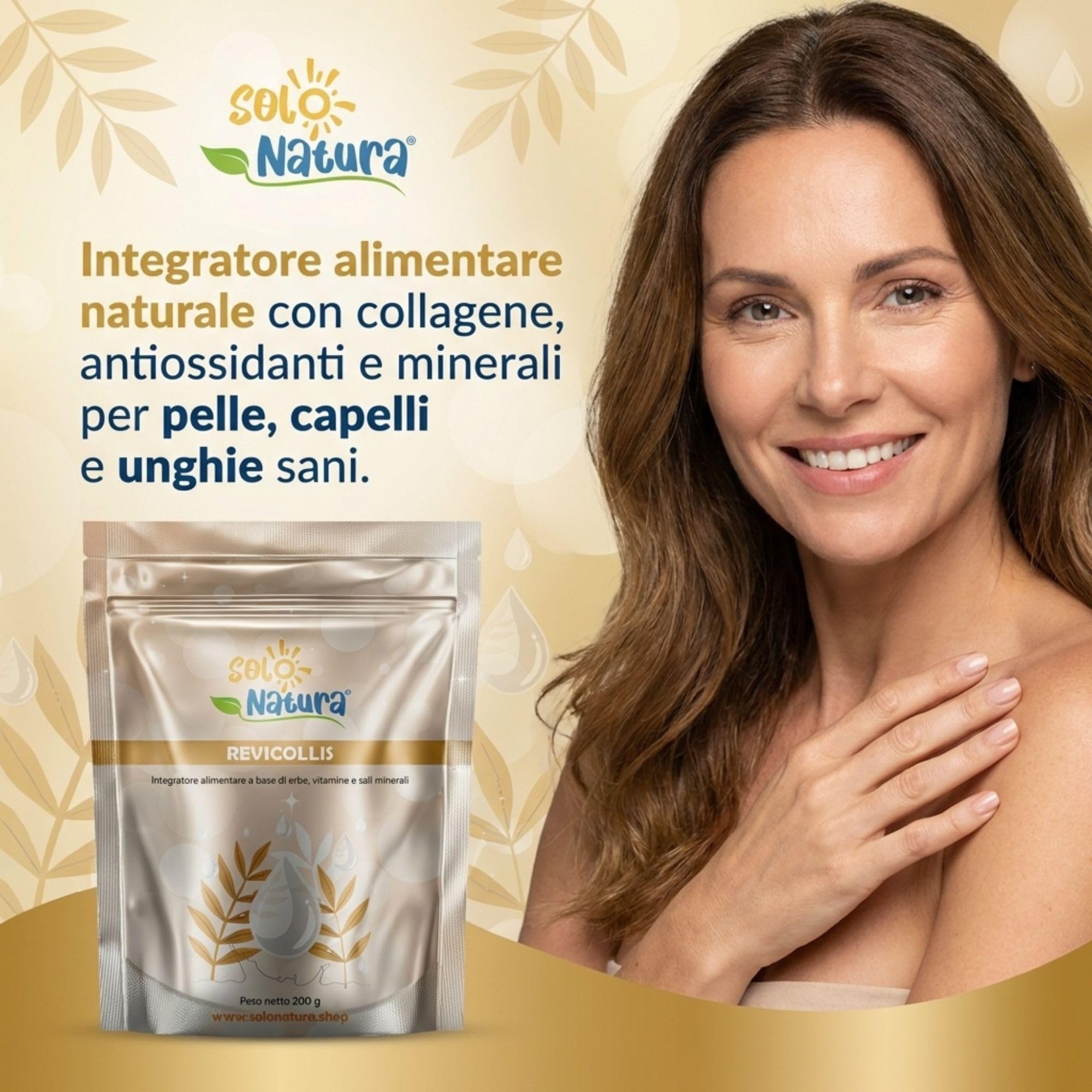 Integratore con Collagene Marino Idrolizzato in Polvere da Bere REVICOLLIS. Integratore Alimentare per Pelle Unghie e Capelli con Collagene Vitamina C Zinco e Selenio. 200 G