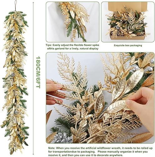 Miniatura 2 de Guirnalda de Navidad de 6 pies para puerta delantera, corona, bolas, conos de pino, ramitas doradas, agujas de pino y bayas plateadas para ventana