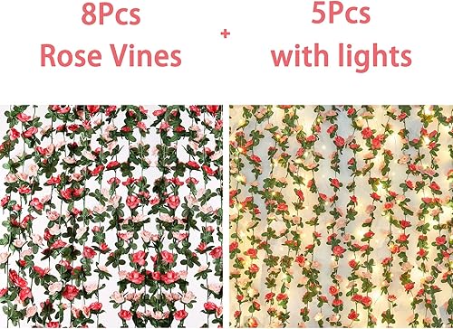 BLEUM CADE Buy Together 8 hebras de 65.6 pies, guirnalda de rosas falsas y 5 hebras de 41 pies, guirnalda de flores falsas con tira de luces
