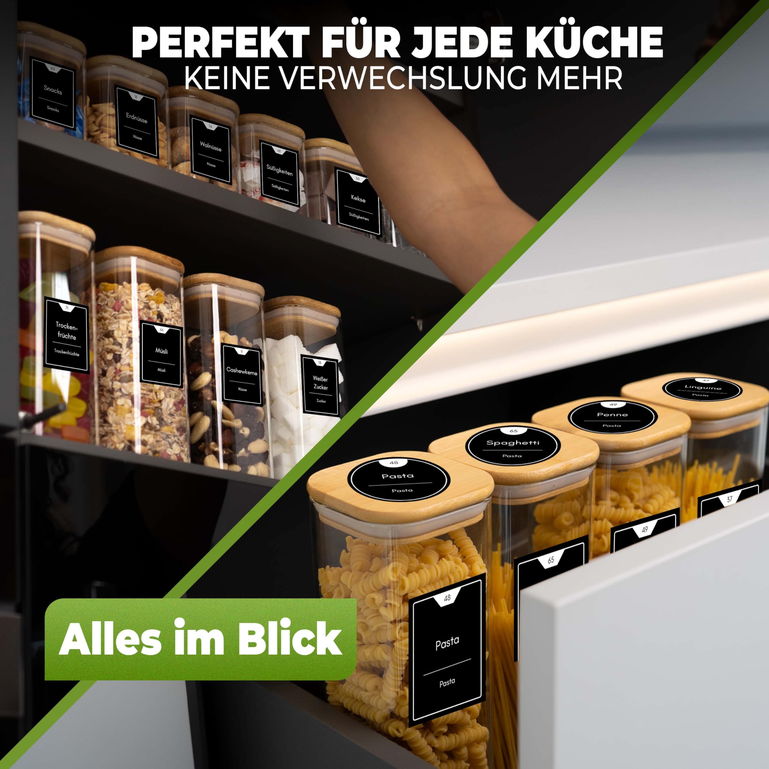CLIDOR Vorratsgläser mit Deckel, Eckig - 12er Set - 6,5L Vol., Inkl. 210 Premium Vorratsetiketten in Rund & Eckig, Erhöhte Glasstärke, Vorratsdosen mit Deckel luftdicht, Glasbehälter für Lebensmittel