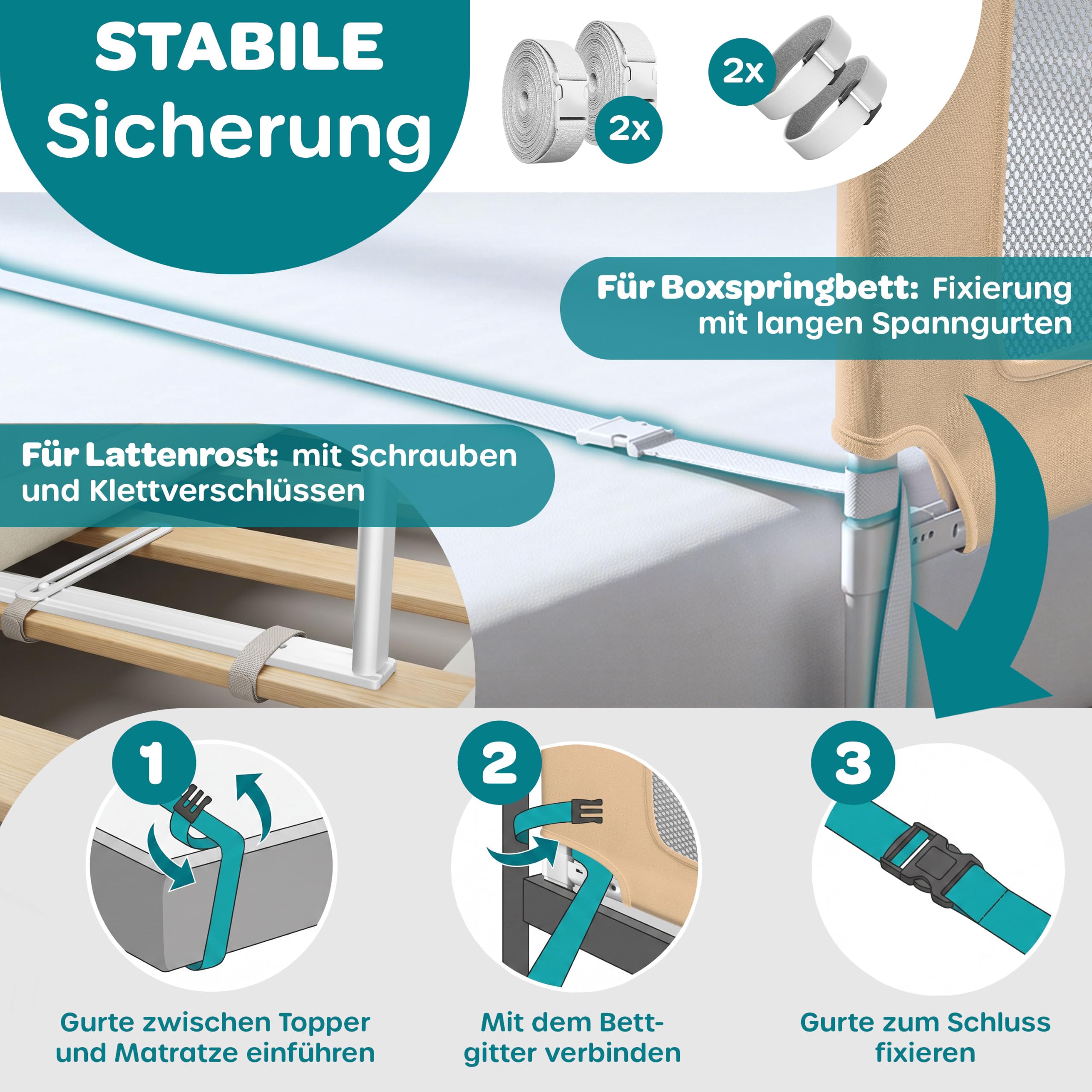 KESSER® Bettschutzgitter 180 cm, Bettgitter Kinderbett höhenverstellbar | Rausfallschutz Bett für Baby & Kleinkind mit Kindersicherung, vertikal absenkbar, leicht montierbar, waschbar, Beige