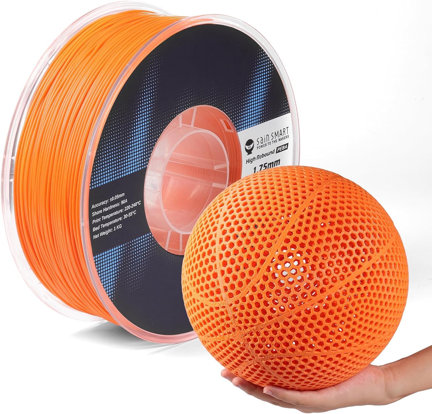 SainSmart PEBA High Rebound 90A Flexible Filament, 1KG, Super TPU with 78% High Rebound, 20% Lighter & 2X Faster Printing, Nylon-Based Strength, Adjustable Flexibility, 1.75mm, Orange