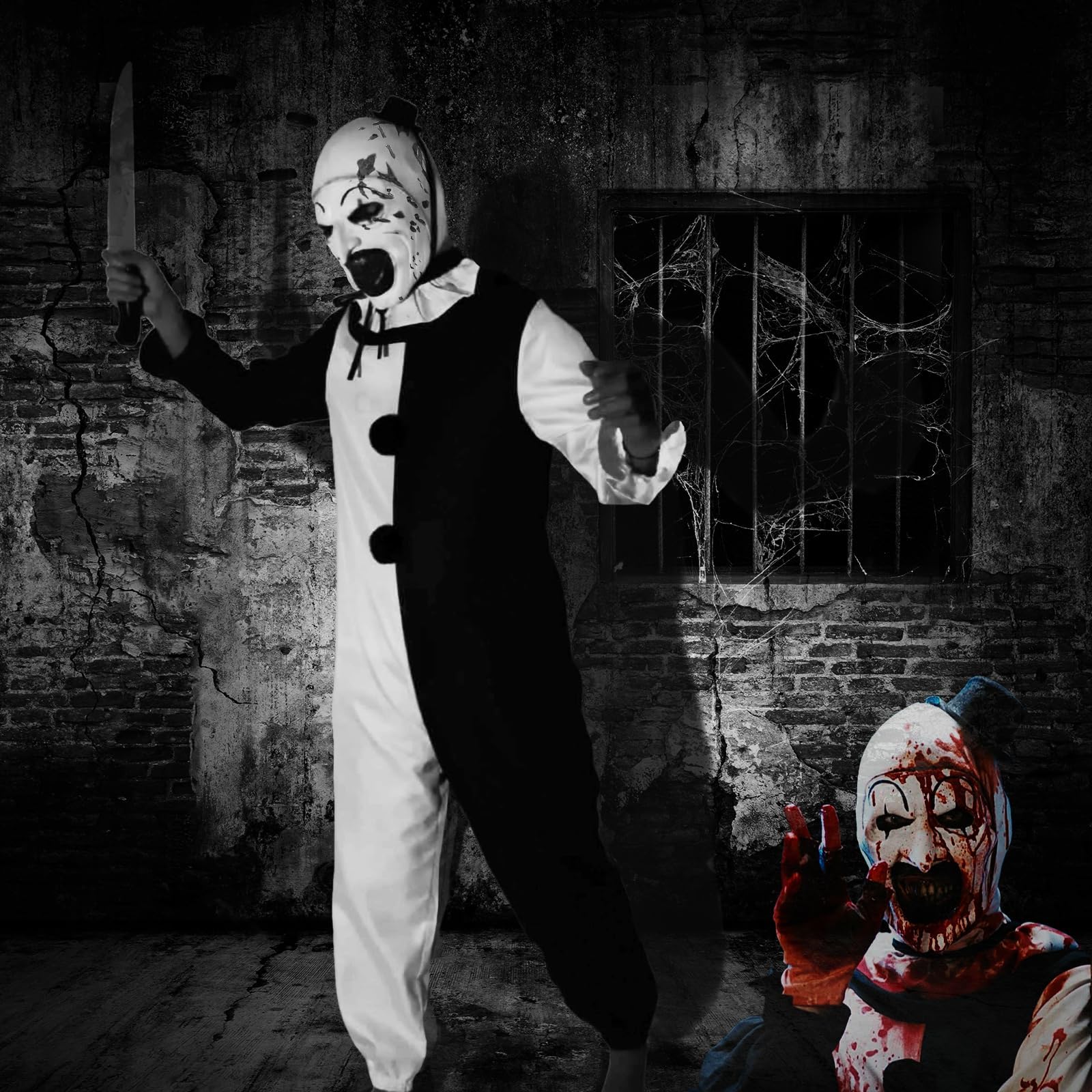 SINSEN Disfraz de terrifier para niños, disfraz de payaso artístico con máscara, cuchillo falso, guantes de juguete, disfraz de payaso asesino, disfraz de Halloween para niños y niñas de 4 a 12 años