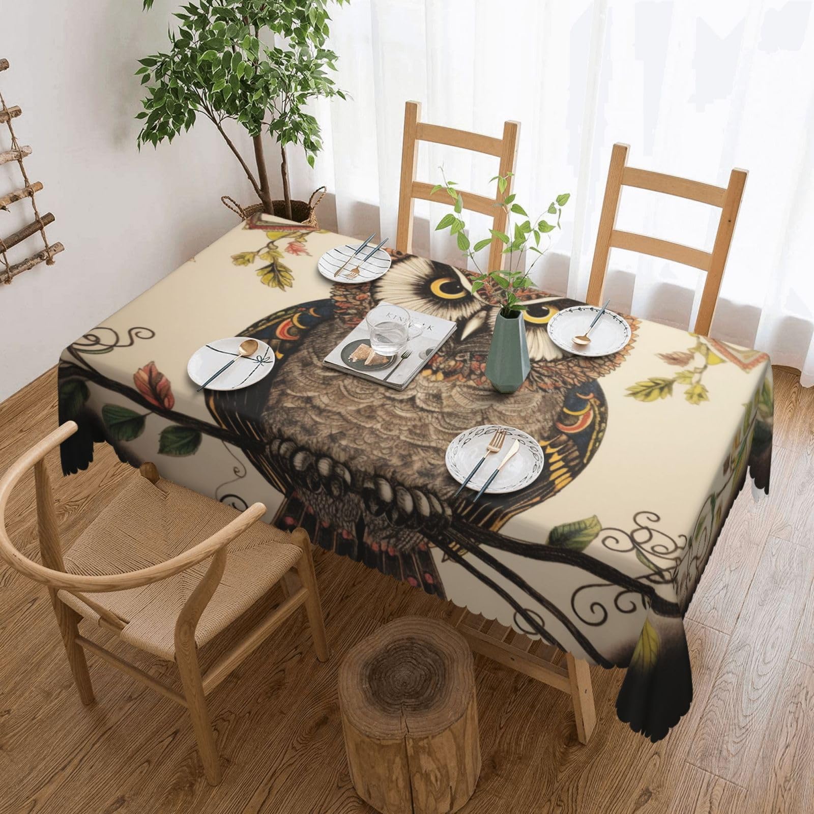 WPKJU Owl Beliefs Printed Rectangle Tablecloth 72x54 Inch with Lace Trim, Water-Resistant Washable Table Cover for Farmhouse Weddings, Outdoor Picnics & Holiday Dining