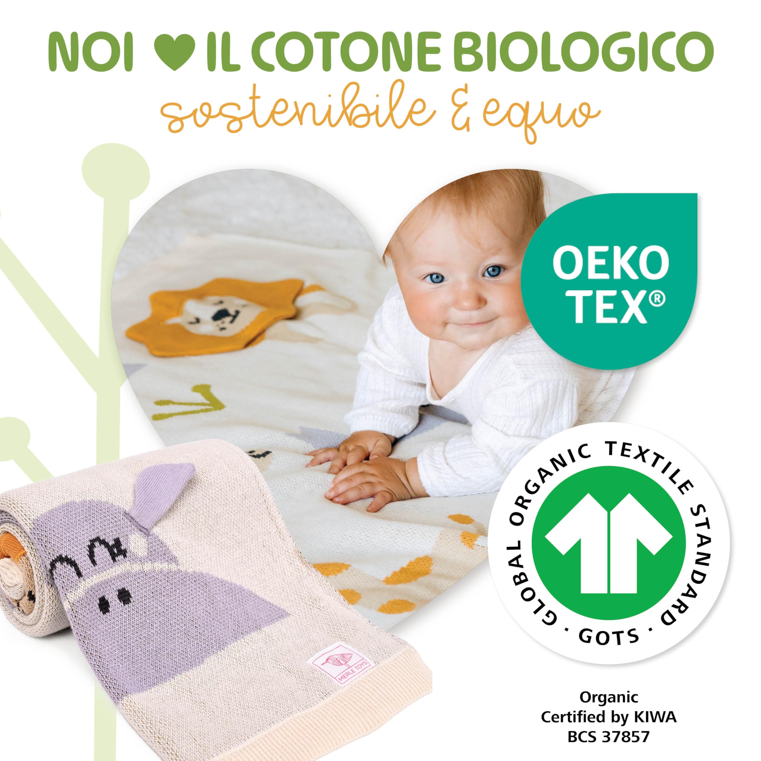 Merle Toys® Coperta Neonato Cotone, Copertina Neonato Cotone Estiva e Inverno, 100% Biologica, Interattiva, Morbida e Termoregolatrice, Certificata GOTS, OEKO-TEX 100, 80x100cm, Amici della Savana 3D