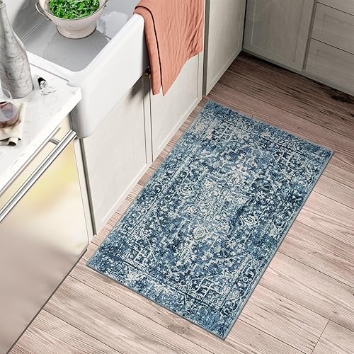 Miniatura 8 de Morebes Tapete bohemio para baño, color azul, de 2 x 3 pies, lavable y pequeño, tapete para puerta de interior, tapete para cocina, antideslizante,