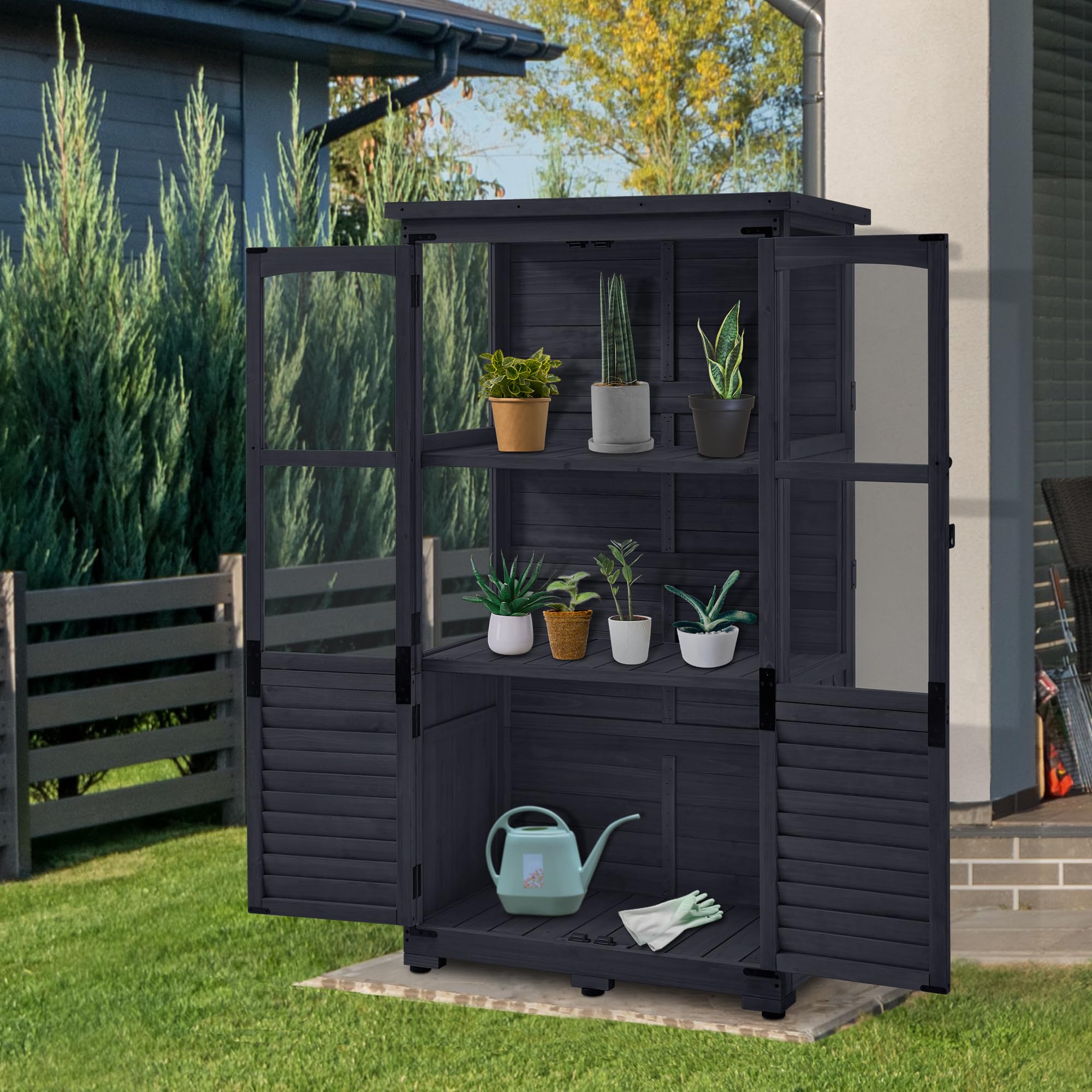M MCombo Gartenschrank Holz 0120, Gerätehaus Wetterfest Klein, Outdoor Gartenhaus Geräteschuppen für Außenbereich Terrasse Balkon, 87×46×160 cm, (Anthrazitgrau)