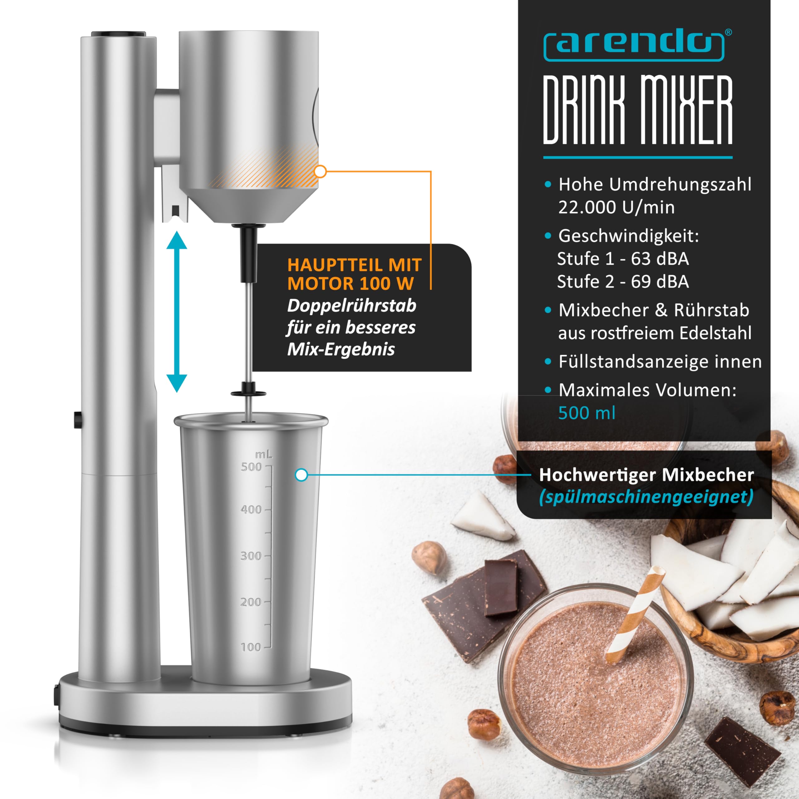 Arendo - Drink Mixer - Eiweiß Shaker - Getränkemixer - elektrischer Standmixer - 500 ml Becher - 22.000 U min - 2 Geschwindigkeitsstufen - Fitness Protein Drinks Smoothies Milchshakes Cocktails