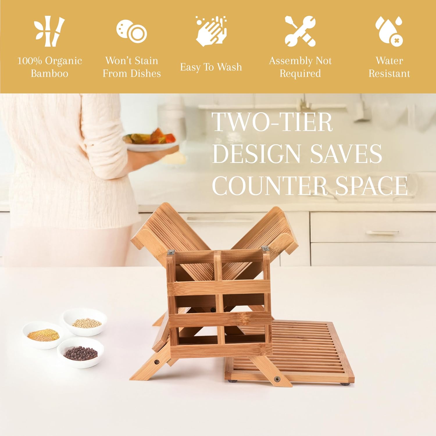 2LB Depot Bamboo Dish Drying Rack - Collapsible Wooden Drainer for Kitchen Counter - Wood Utensil Dryer - Foldable Dish Rack Holder Fit Up to 20 Plates - Folding Wood Kitchen Accessory