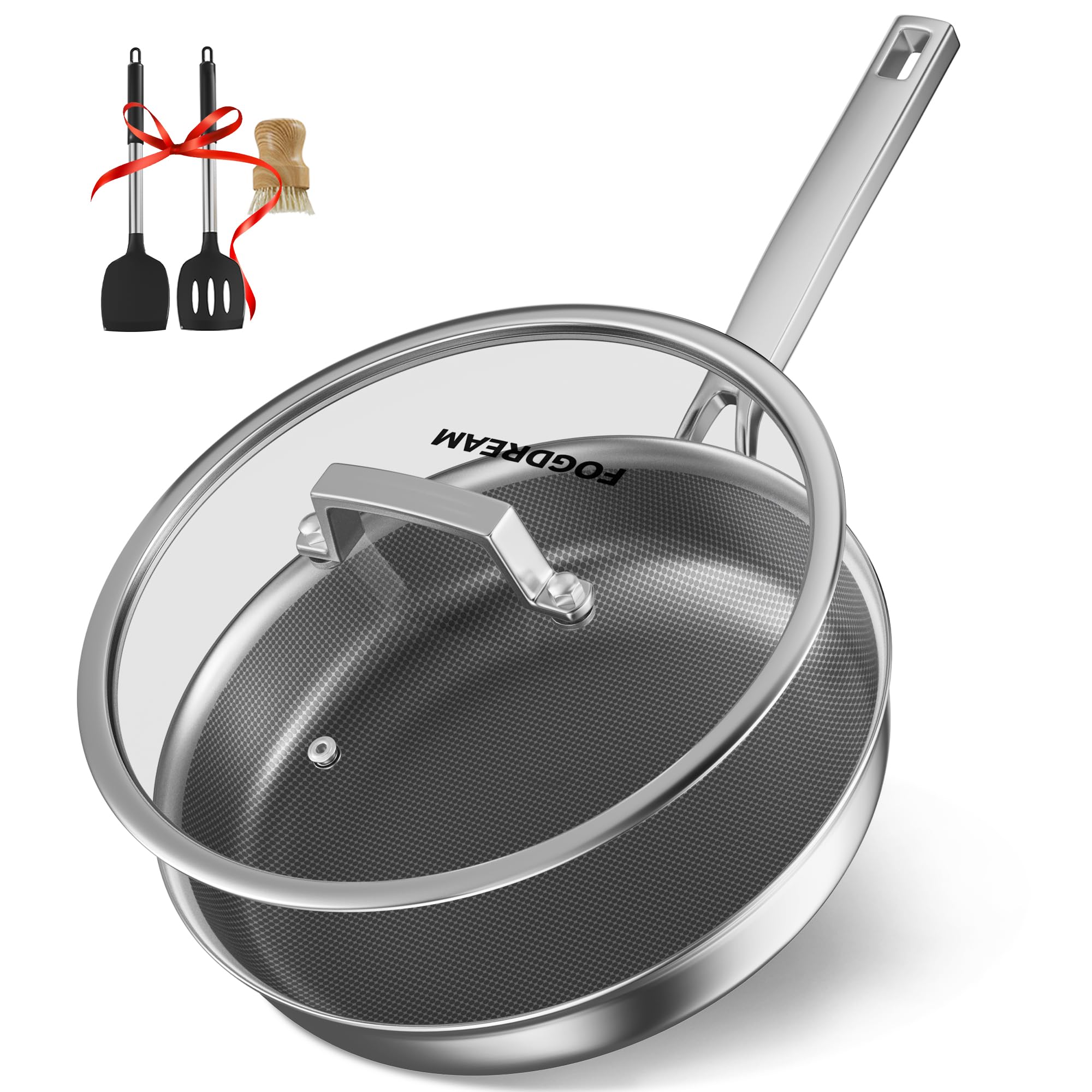 FogDream Titanium Non Stick Frying Pan, 10in Tri-Ply Hybrid Stainless Steel Skillet with Spatulas, All-in-One Cookware, Stay Cool Handle, Dishwasher & Oven-Safe,Induction Compatible,Silver