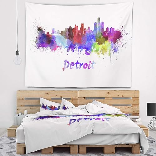 Designart - Tapiz de paisaje urbano con diseño de horizonte de Detroit, arte de pared para el hogar y la oficina, creado en tela de poliéster ligera