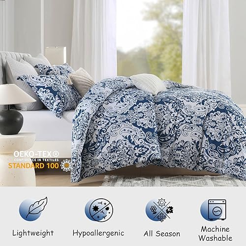 Miniatura 2 de Bedduvit Funda de edredón floral tamaño King, funda de edredón con estampado de damasco azul, 100% algodón con cierre de cremallera y 8 lazos en las