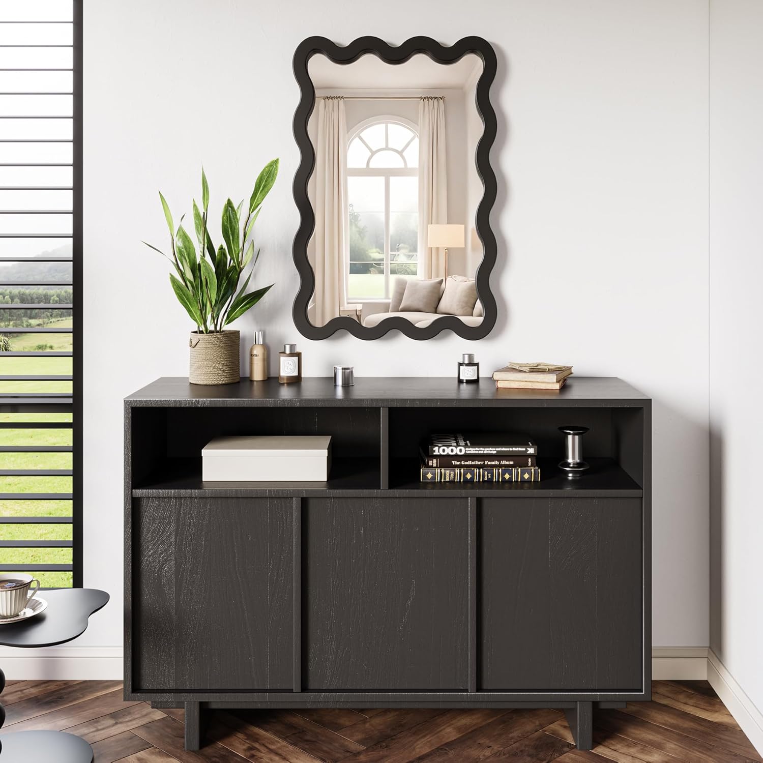 24"x36" Matte Black Wavy Wall Mirror for Bathroom Vanity, Large Solid Wood Asymmetrical Mirror, Irregular Squiggle Mirror for Bedroom, Modern Funky Aesthetic Decor