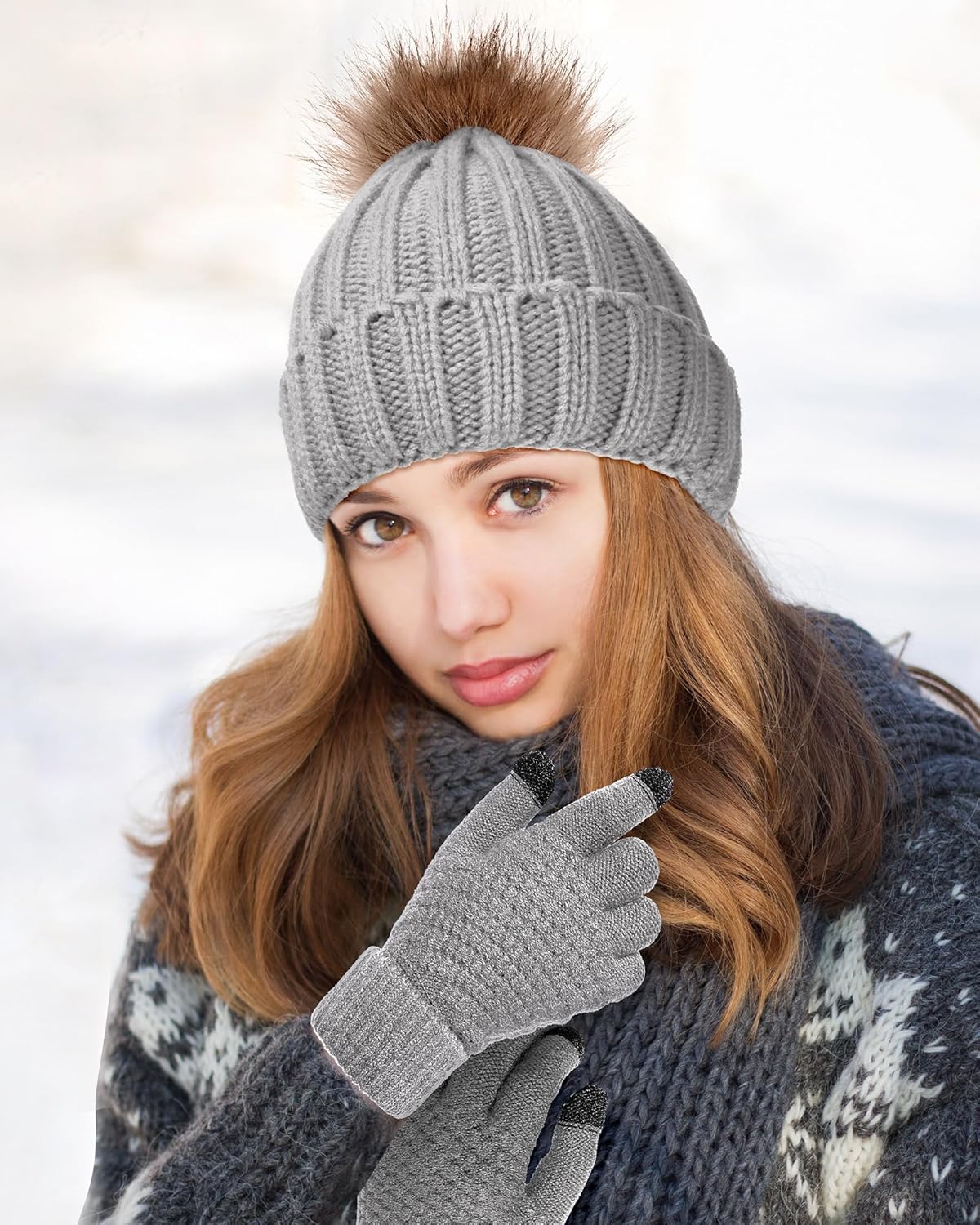 JaGely 8 Pcs Winter Beanie Hat Glove Set for Women Knit Hats with Pom Pom and Touchscreen Gloves for Women Men Family Gifts - Image 5