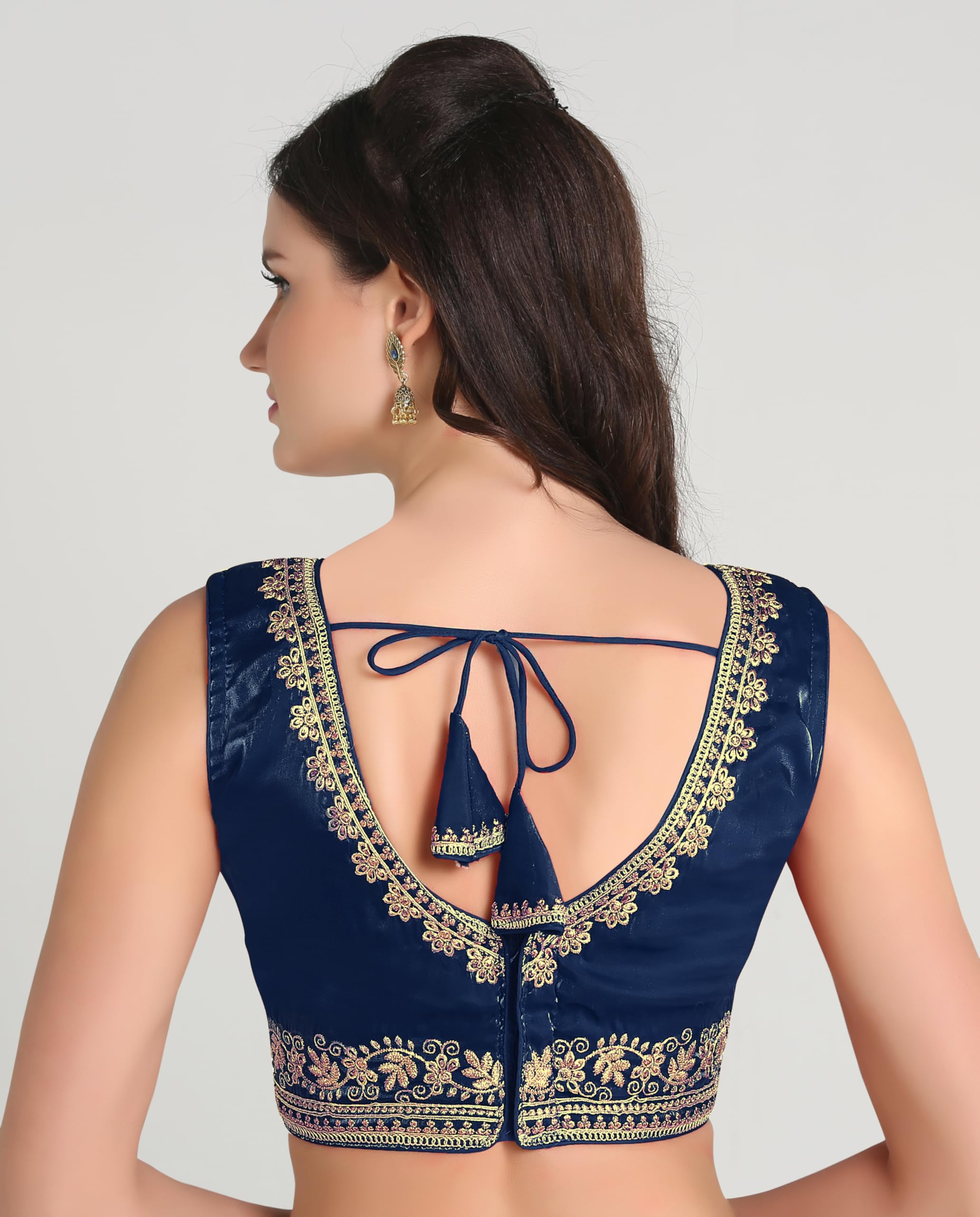 Pujia Mills Women's Heavy Milan Silk Sequin Embroidered V Neck Sleeveless Readymade Saree Blouse Indian Ethnic Designer Stitched Saree Blouse Sleeveless Blouse Readymade Blouse (Morpeach, 32)