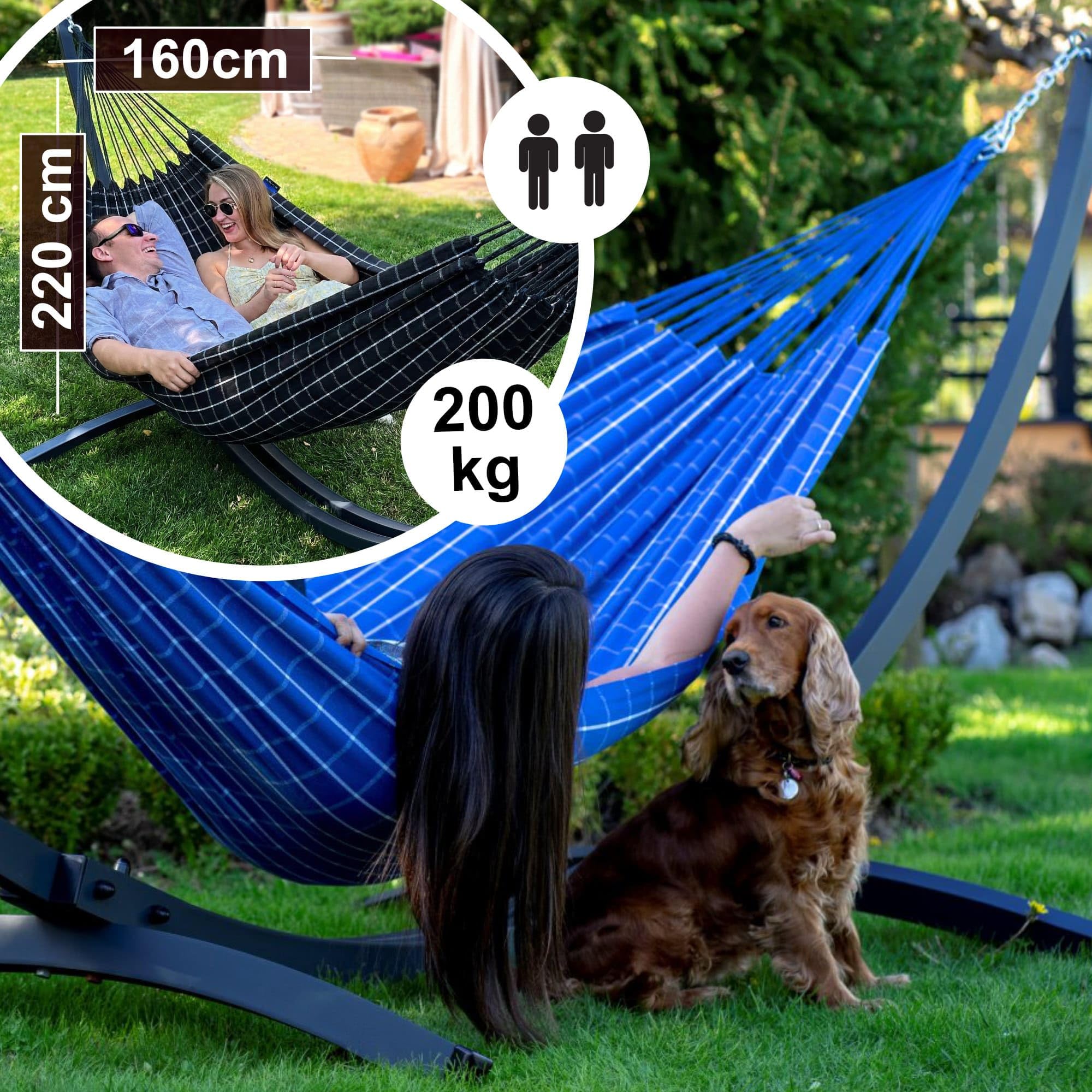 Potenza Amaca da Giardino con Supporto in Acciaio ZINCATO A CALDO – Amaca Doppia 220x160 cm, 200 kg in 100% Cotone con Struttura lunga 365 cm, Portata 220 kg, con Telaio Resistente alle Intemperie