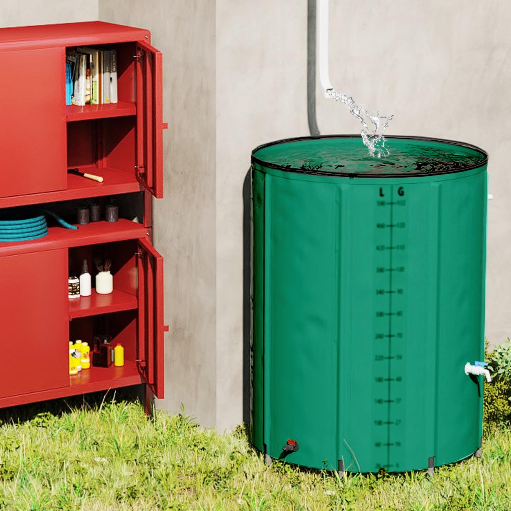 750L Faltbare Regentonnen 150 Gallonen Wasserauffangbehälter mit Wasserhahn, Skala & Ablauf Tragbare Regenwassertonne mit Stützstab Grün Wassertank zum Sammeln von Regenwasser Garten Regentank