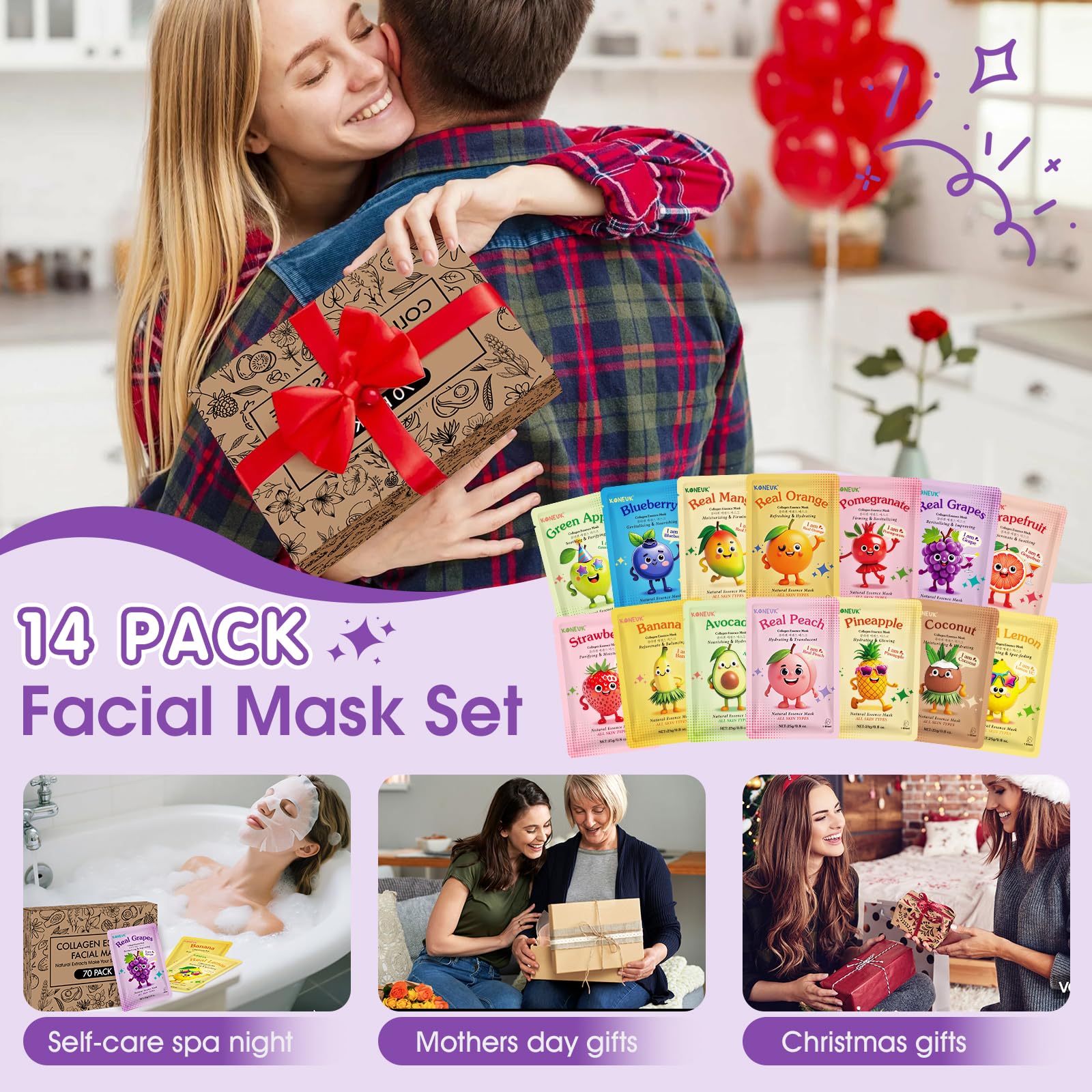KONEUK Set mit 70 feuchtigkeitsspendenden Kollagen-Gesichtsmasken für die Hautpflege von Frauen, Gesichtsmasken mit Fruchtdesign für die Hautpflege von Kindern und Jugendlichen, Set