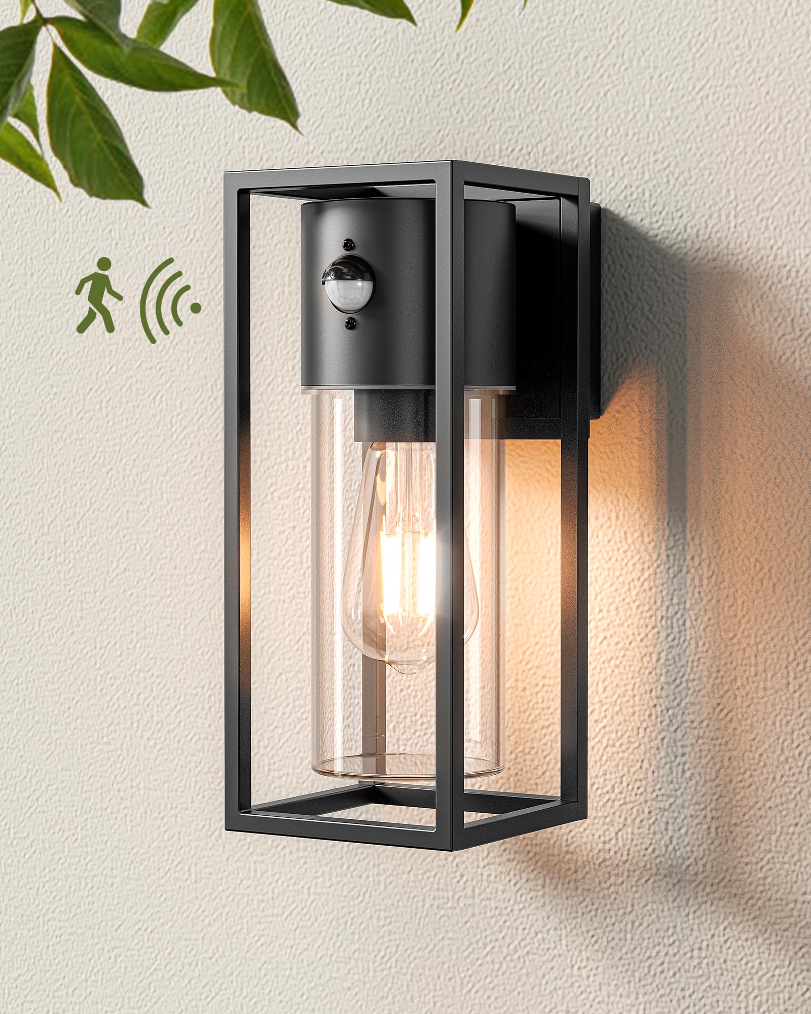 EDISHINE Zewnętrzna lampa ścienna z czujnikiem ruchu, gniazdo E27, wodoodporna IP44, lampa ścienna z aluminium i szkła hartowanego do ogrodu, balkonu, tarasu, frontu, żarówki nie są dołączone, czarna