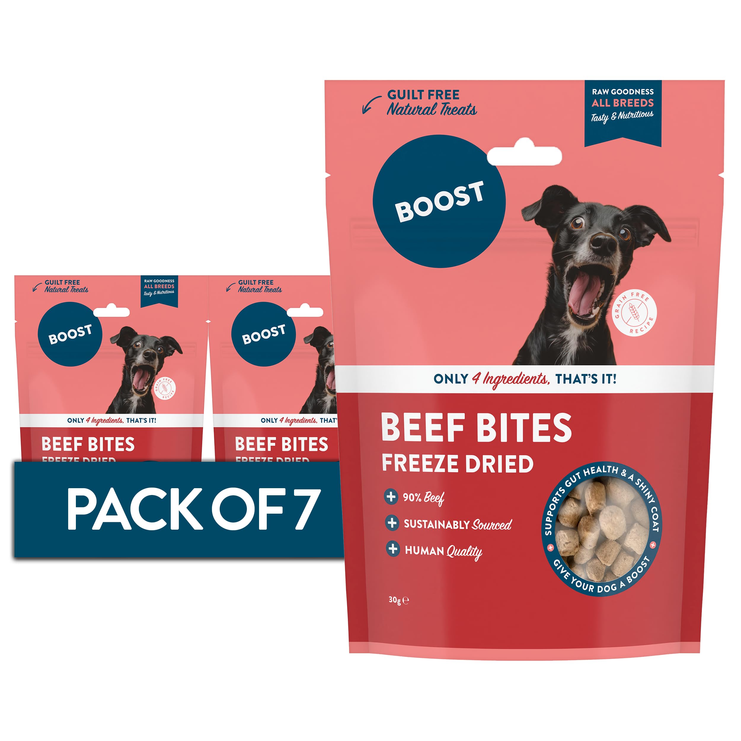 BOOST Pet Food Beef Dog Treat - Freeze-Dried Grain-Free Treats for Dogs, Natural Snacks, 4 Ingredients, Made with Real Beef, Nothing Artificial - 7 x 30g