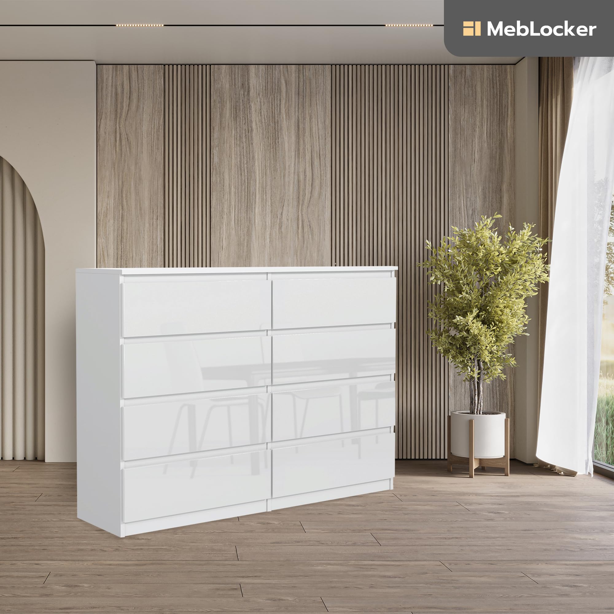 Commode 140 cm, 8 tiroirs, Blanc avec des Façades Brillantes | Commode Moderne, Meuble de rangement, Buffet Salon, Commode Chambre, Armoire à tiroirs 138,5x101,5x39 cm