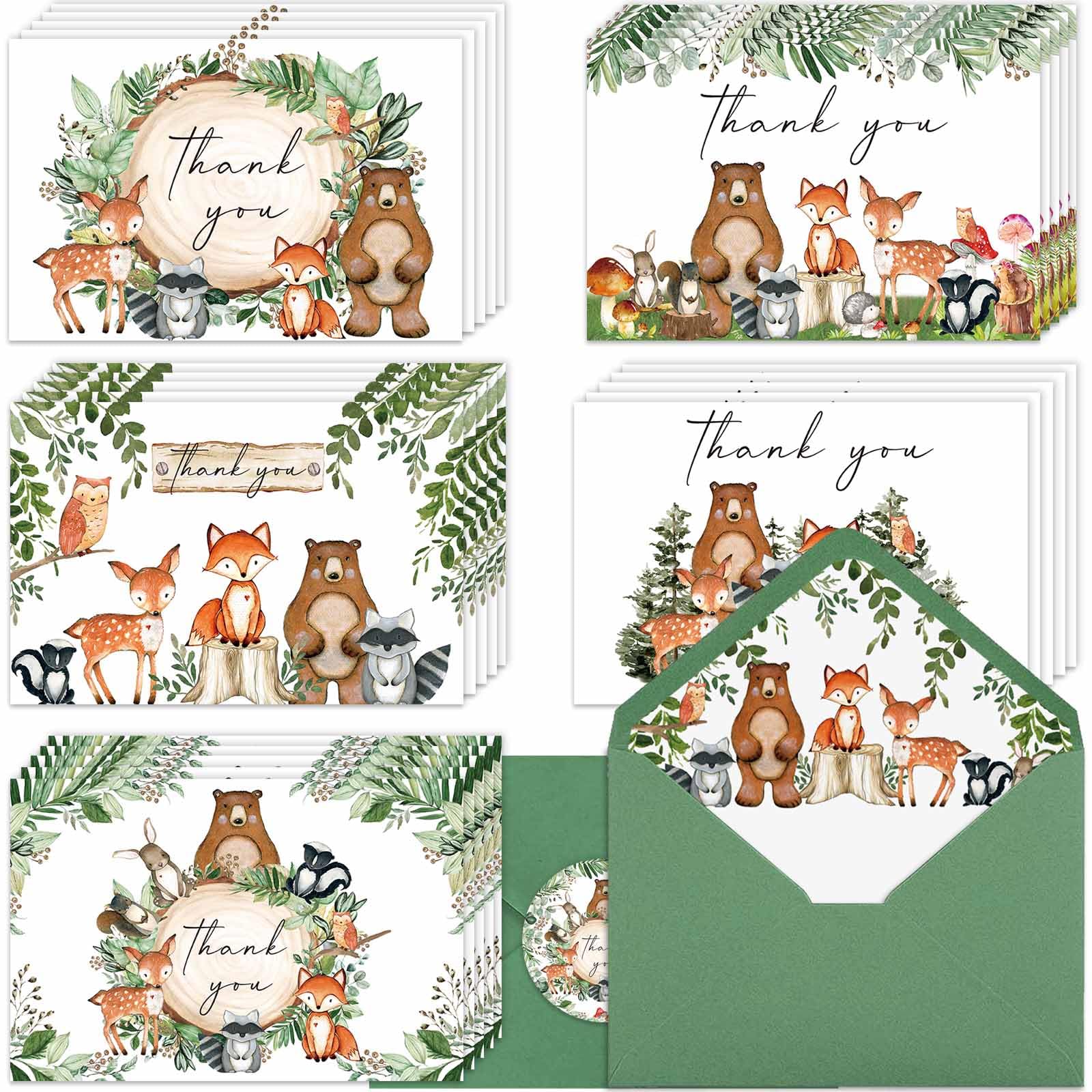 Woodland Dankeskarten, Waldtiere, Dankeskarten, 10,2 x 15,2 cm, mit passenden Umschlägen und Aufklebern, grüne Notizkarten, Wald-Baby-Party, Geburtstag, Dankeskarten (50 Stück)